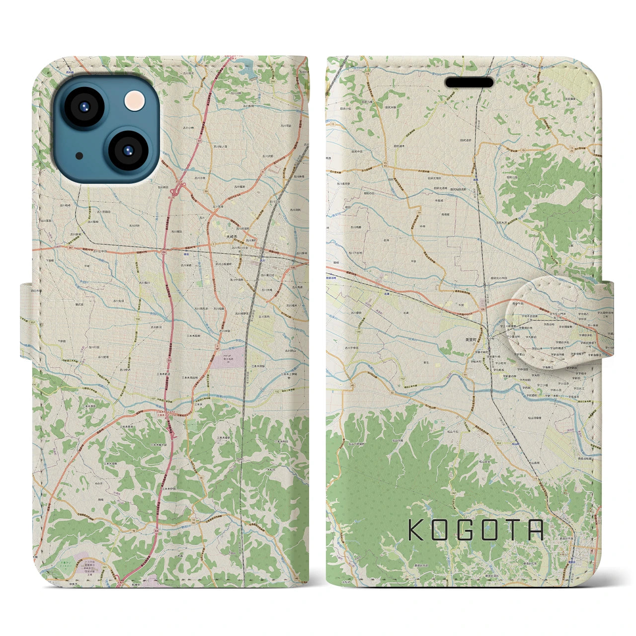 【小牛田(宮城県)】地図柄iPhoneケース(手帳タイプ)ナチュラル・iPhone 13 用