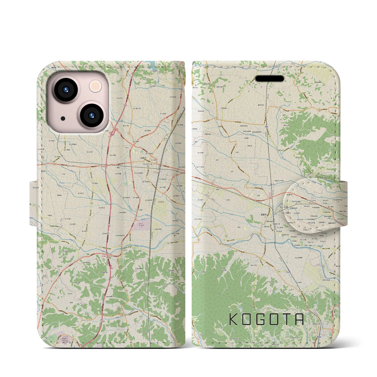【小牛田(宮城県)】地図柄iPhoneケース(手帳タイプ)ナチュラル・iPhone 13 mini 用