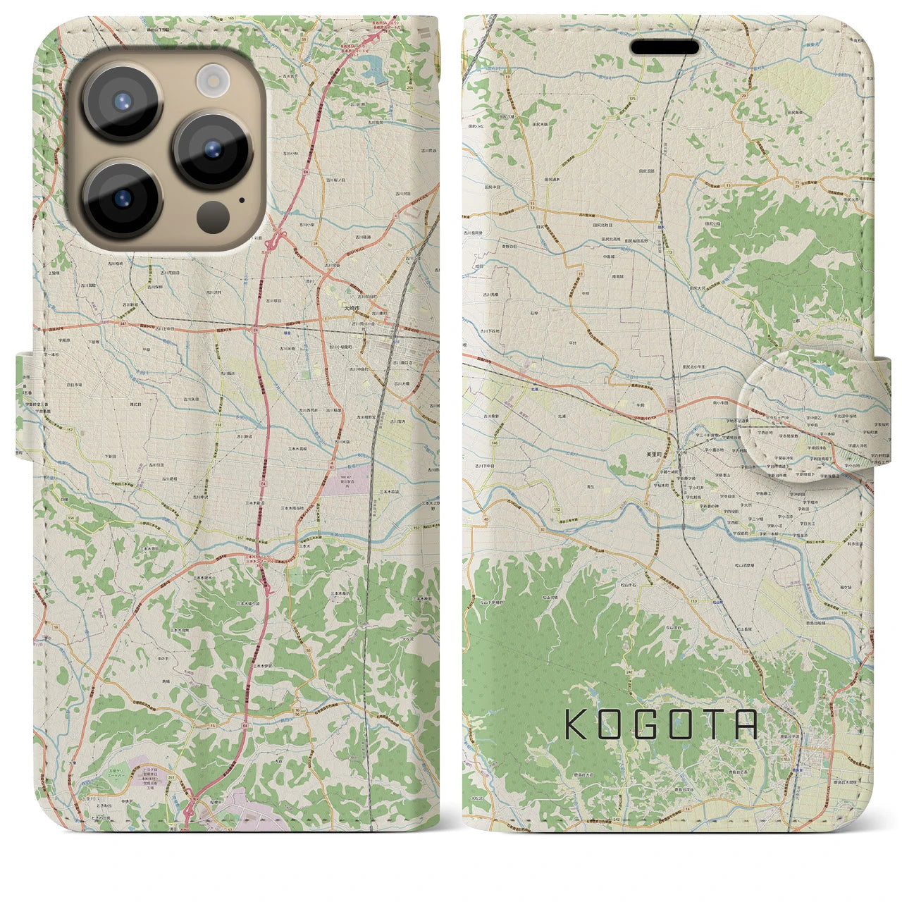 【小牛田(宮城県)】地図柄iPhoneケース(手帳タイプ)ナチュラル・iPhone 14 Pro Max 用