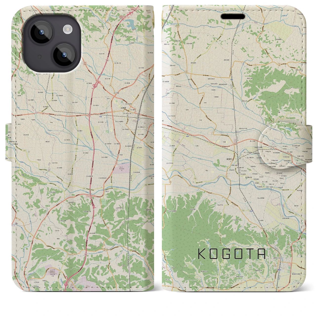 【小牛田(宮城県)】地図柄iPhoneケース(手帳タイプ)ナチュラル・iPhone 14 Plus 用