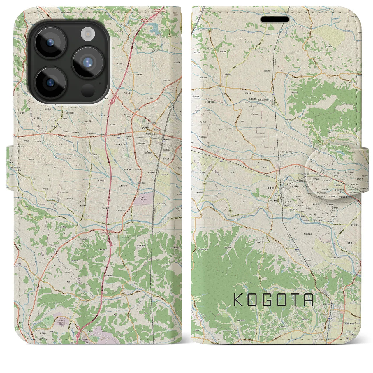 【小牛田(宮城県)】地図柄iPhoneケース(手帳タイプ)ナチュラル・iPhone 15 Pro Max 用