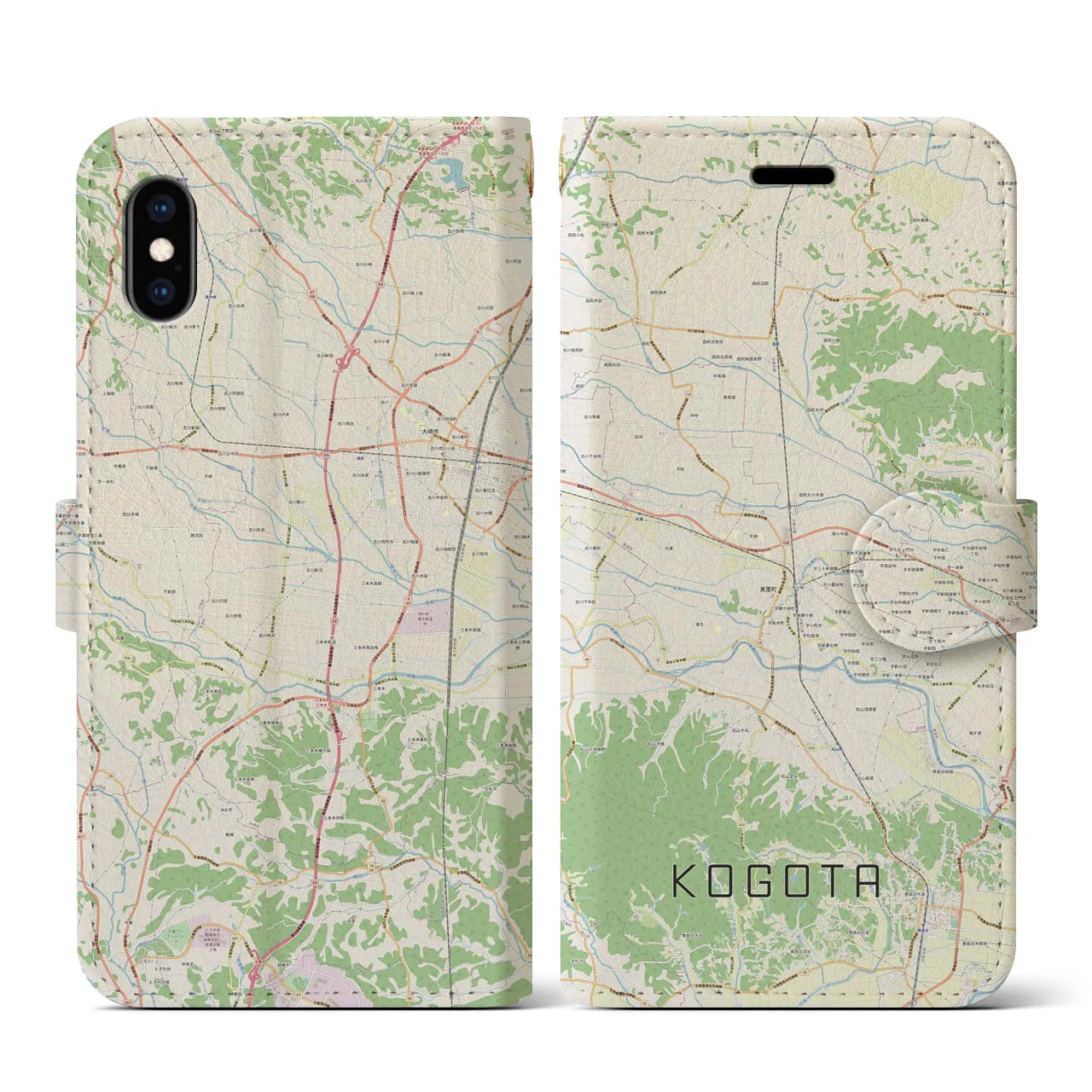 【小牛田(宮城県)】地図柄iPhoneケース(手帳タイプ)ナチュラル・iPhone XS / X 用