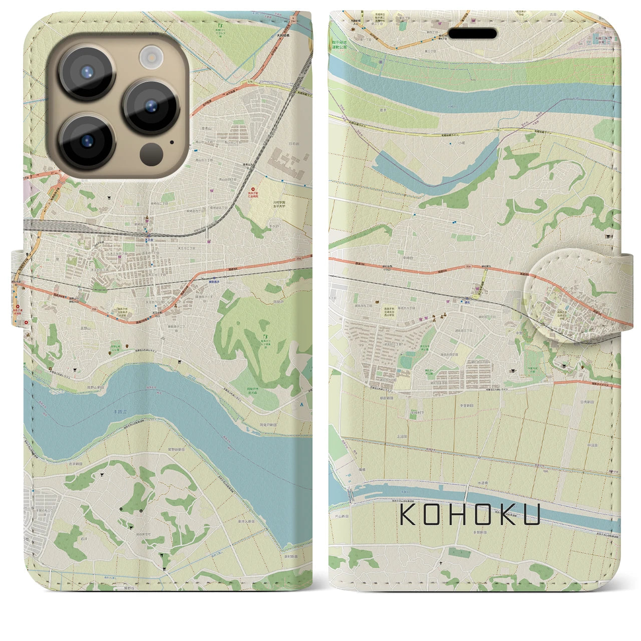 【湖北(千葉県)】地図柄iPhoneケース(手帳タイプ)ナチュラル・iPhone 14 Pro Max 用
