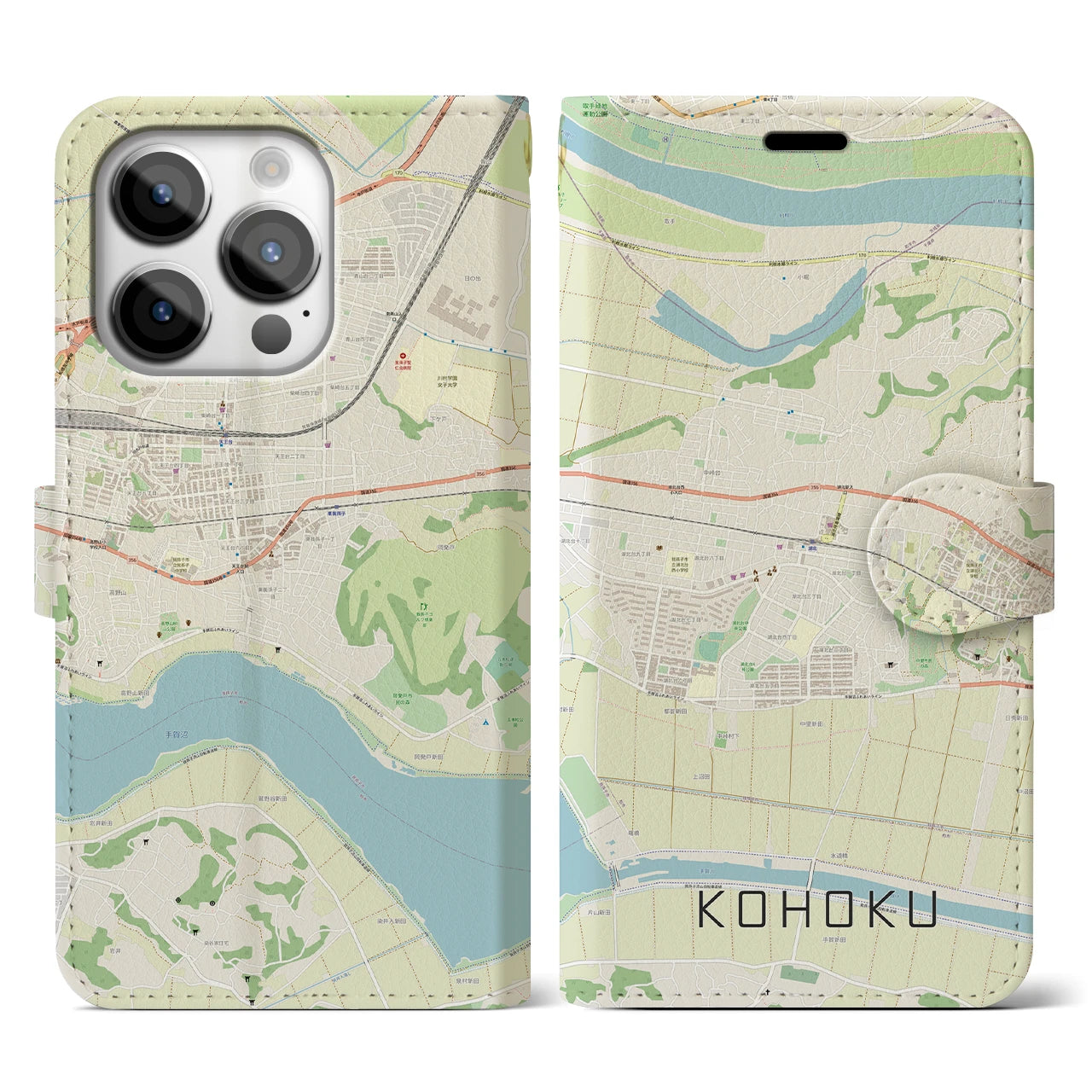 【湖北(千葉県)】地図柄iPhoneケース(手帳タイプ)ナチュラル・iPhone 14 Pro 用