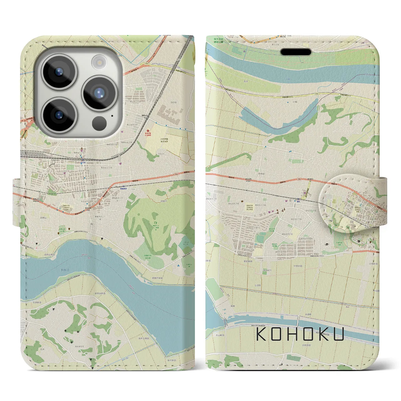 【湖北(千葉県)】地図柄iPhoneケース(手帳タイプ)ナチュラル・iPhone 15 Pro 用