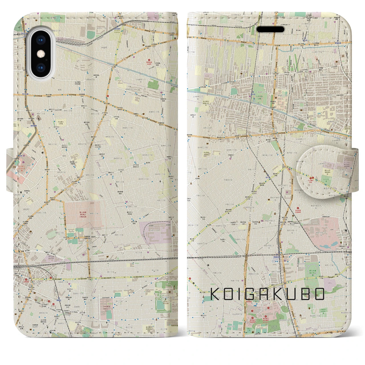 【恋ヶ窪(東京都)】地図柄iPhoneケース(手帳タイプ)ナチュラル・iPhone XS Max 用