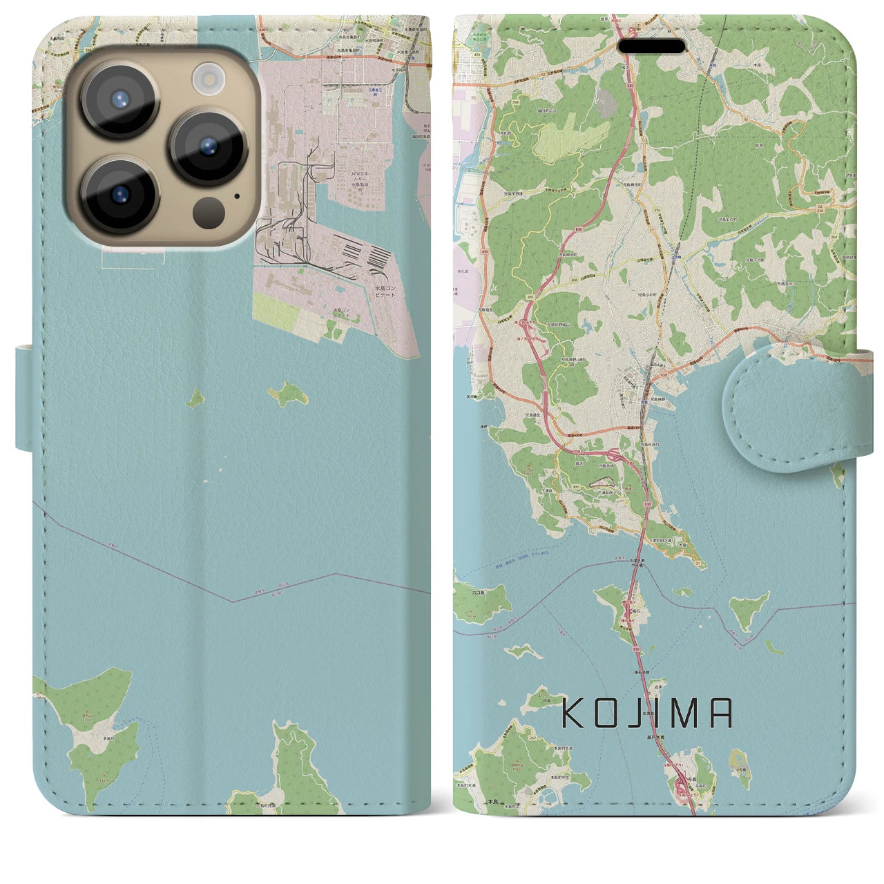 【児島(岡山県)】地図柄iPhoneケース(手帳タイプ)ナチュラル・iPhone 14 Pro Max 用