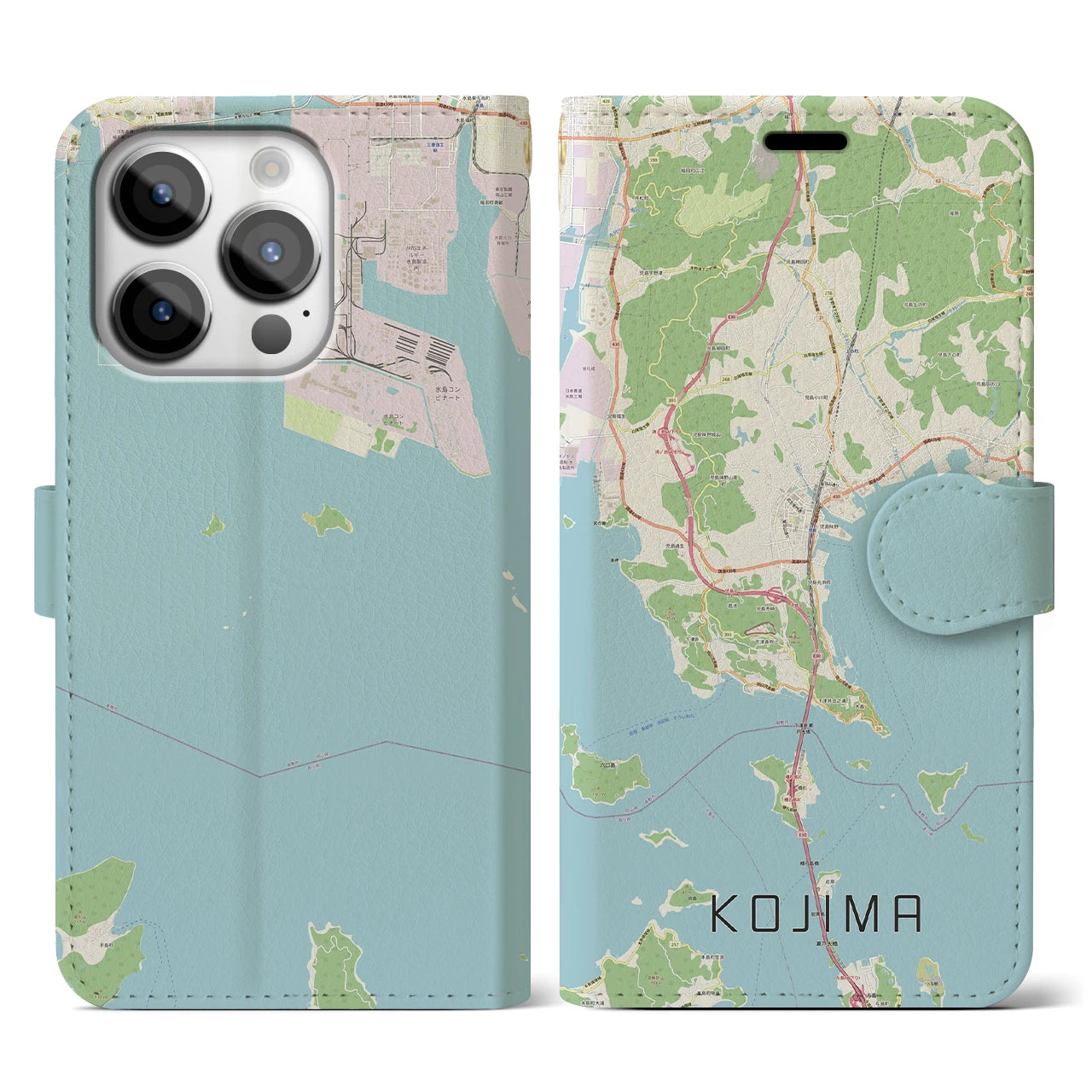 【児島(岡山県)】地図柄iPhoneケース(手帳タイプ)ナチュラル・iPhone 14 Pro 用