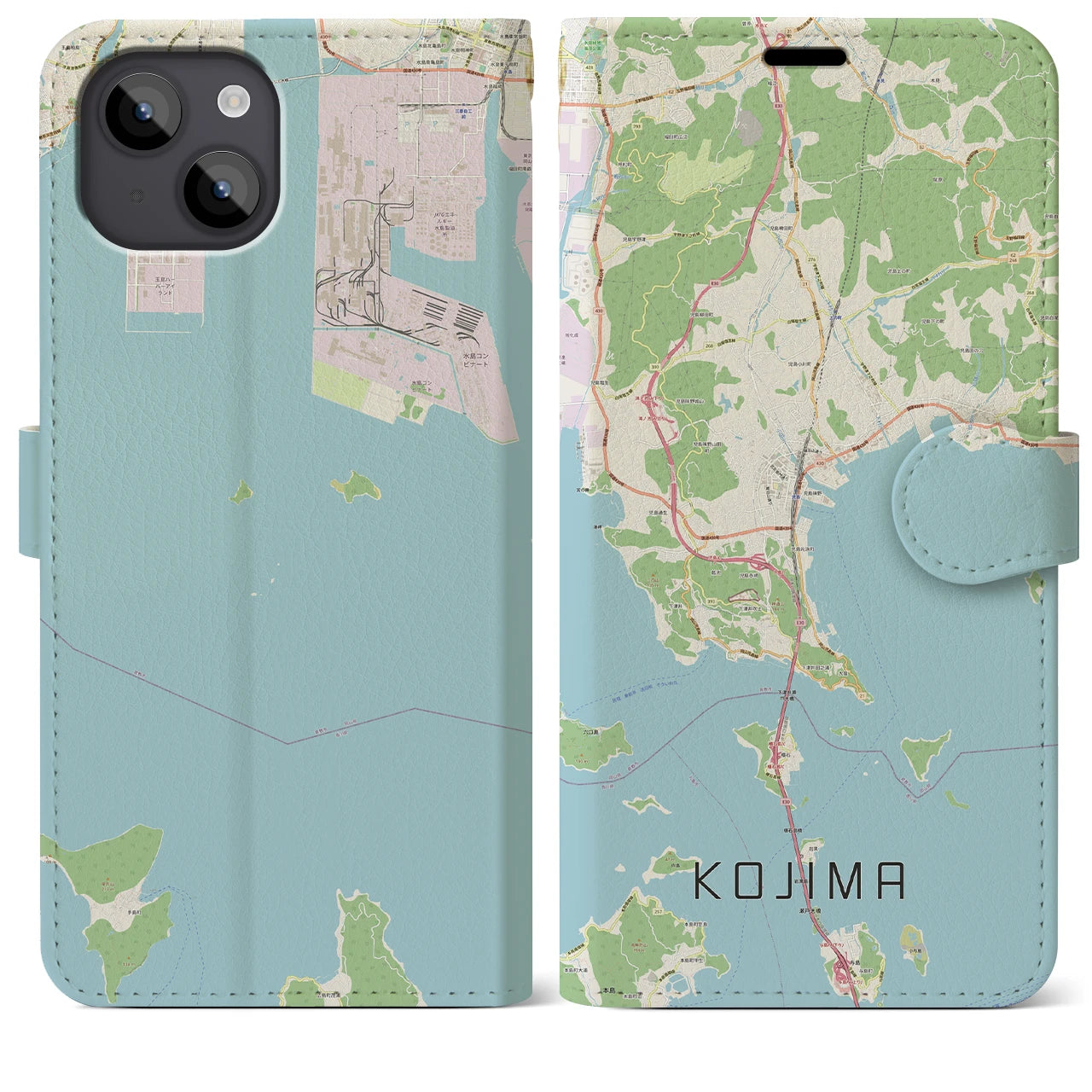 【児島(岡山県)】地図柄iPhoneケース(手帳タイプ)ナチュラル・iPhone 14 Plus 用