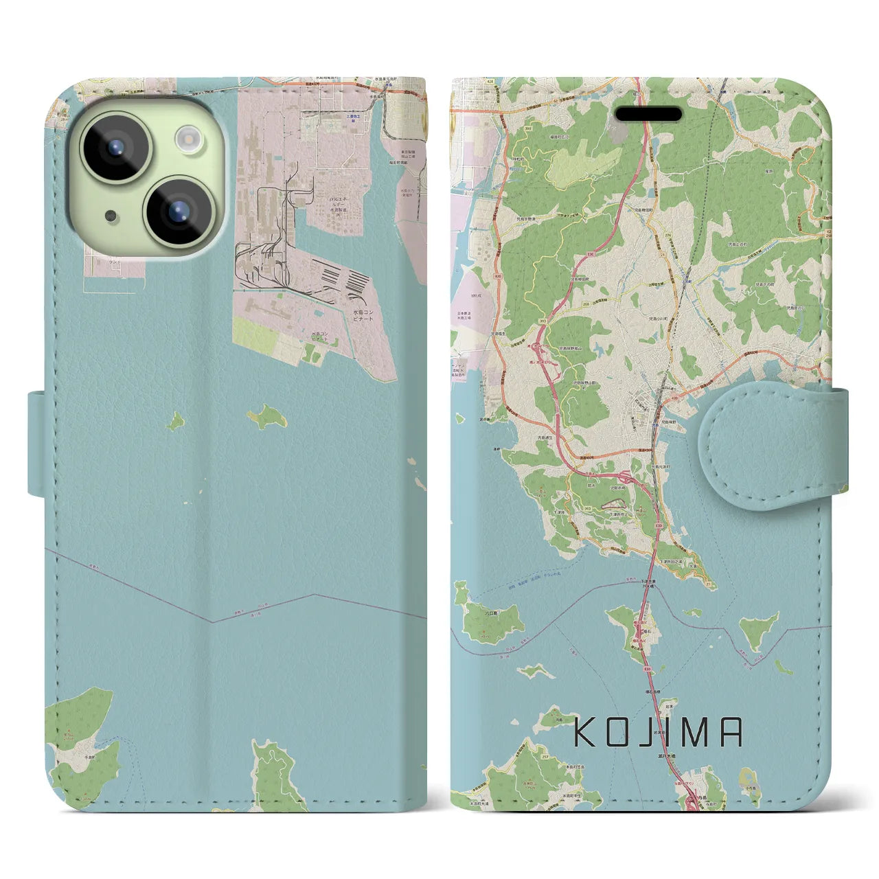 【児島(岡山県)】地図柄iPhoneケース(手帳タイプ)ナチュラル・iPhone 15 用