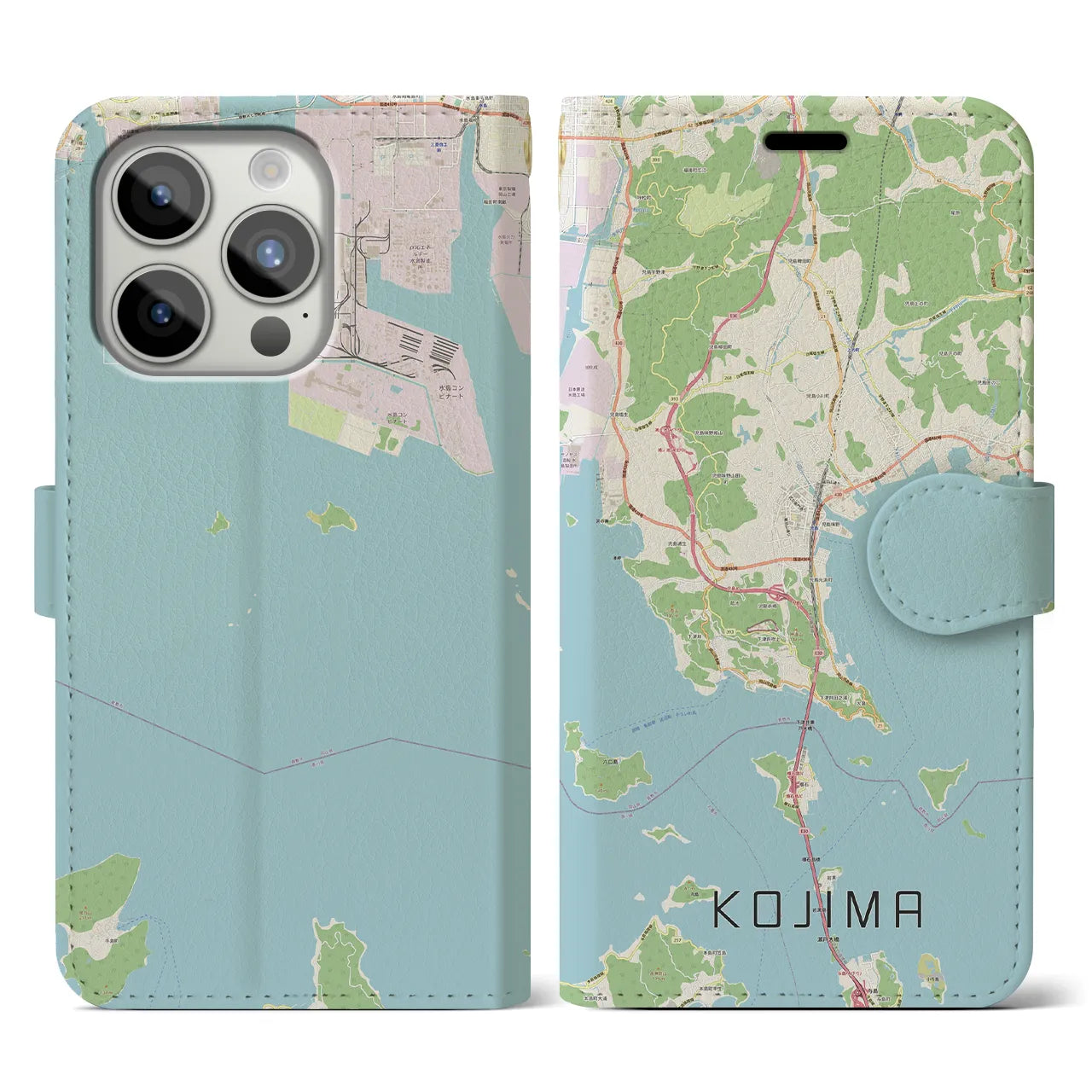 【児島(岡山県)】地図柄iPhoneケース(手帳タイプ)ナチュラル・iPhone 15 Pro 用
