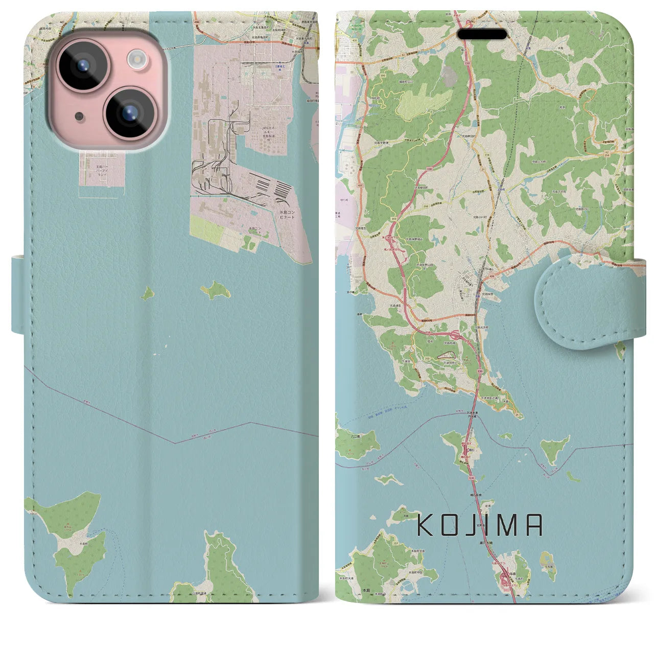 【児島(岡山県)】地図柄iPhoneケース(手帳タイプ)ナチュラル・iPhone 15 Plus 用