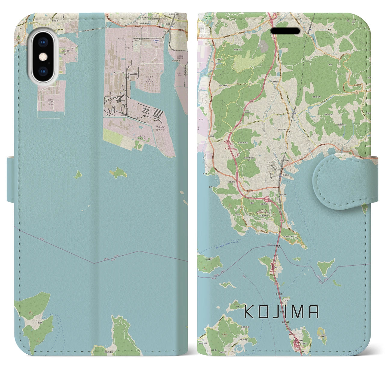 【児島(岡山県)】地図柄iPhoneケース(手帳タイプ)ナチュラル・iPhone XS Max 用