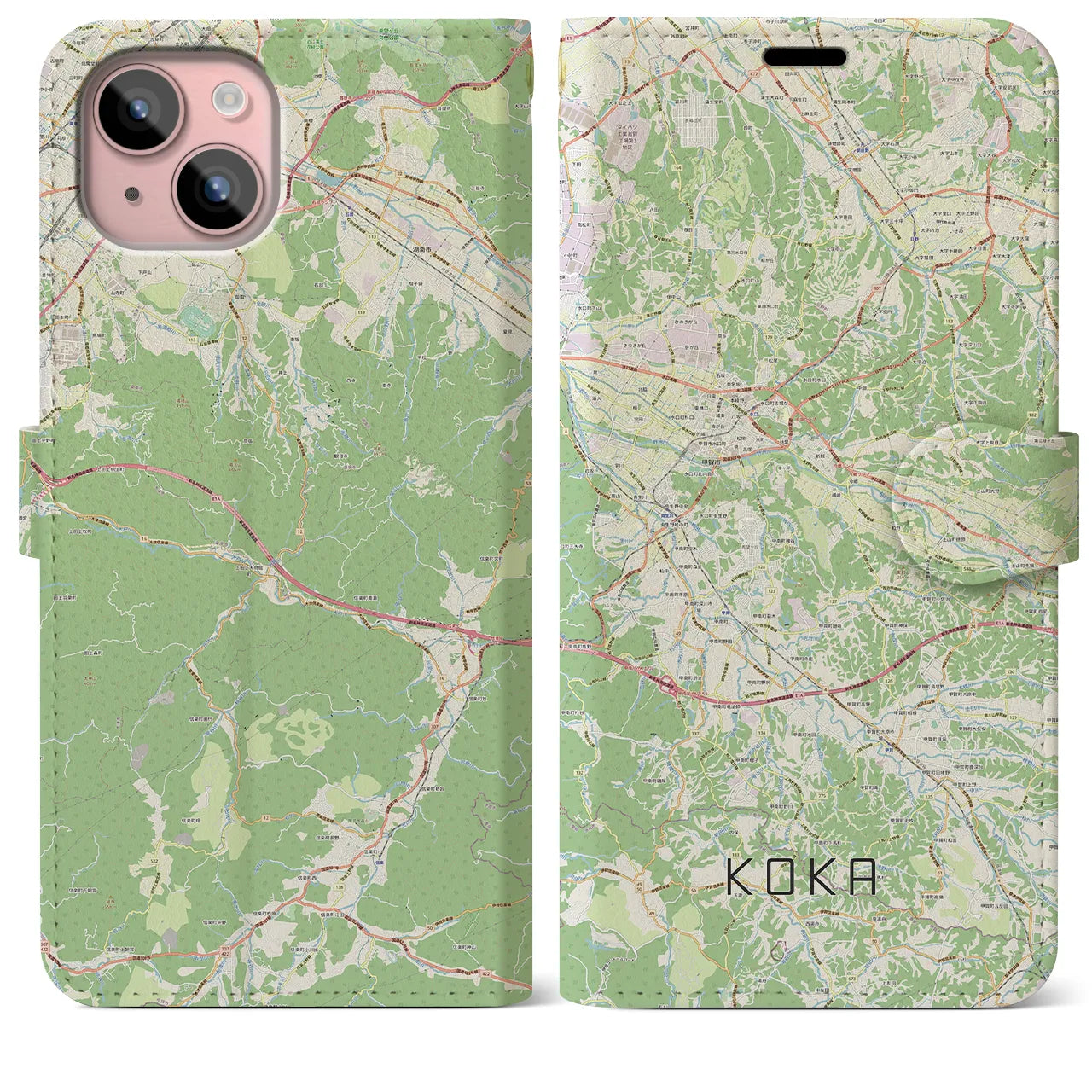 【甲賀(滋賀県)】地図柄iPhoneケース(手帳タイプ)ナチュラル・iPhone 15 Plus 用