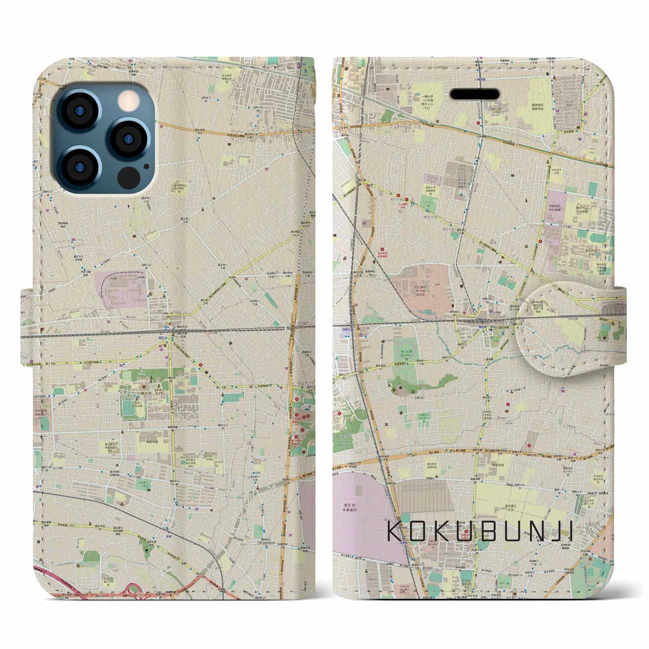 【国分寺(東京都)】地図柄iPhoneケース(手帳タイプ)ナチュラル・iPhone 12 / 12 Pro 用