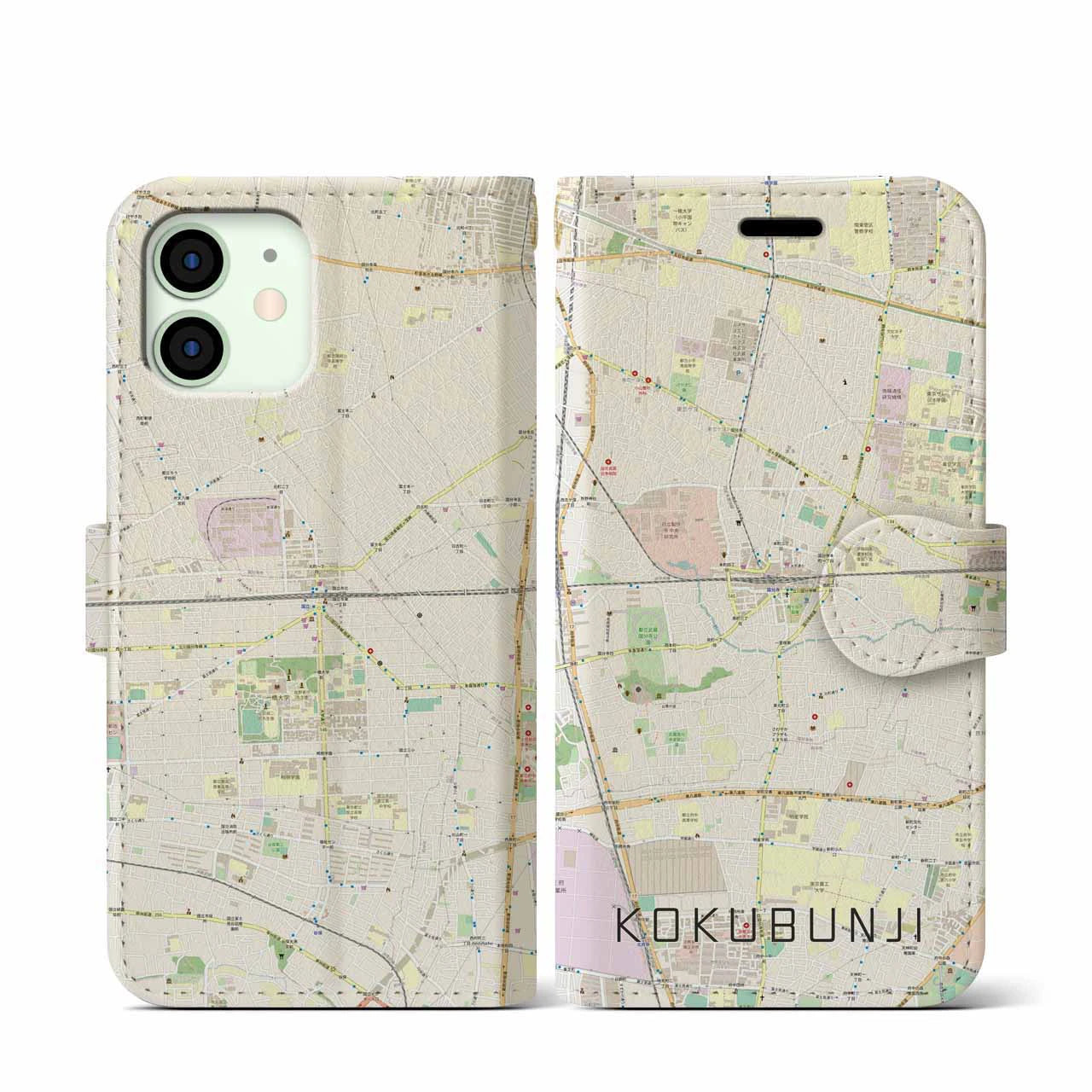 【国分寺(東京都)】地図柄iPhoneケース(手帳タイプ)ナチュラル・iPhone 12 mini 用