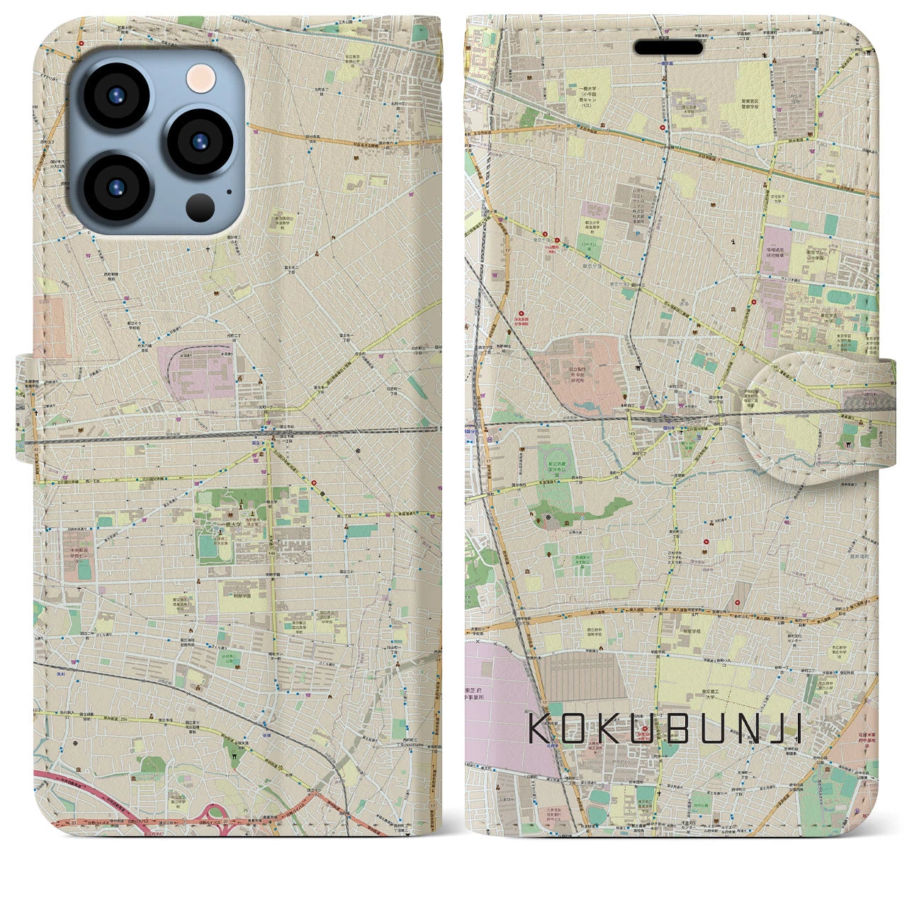 【国分寺(東京都)】地図柄iPhoneケース(手帳タイプ)ナチュラル・iPhone 13 Pro Max 用
