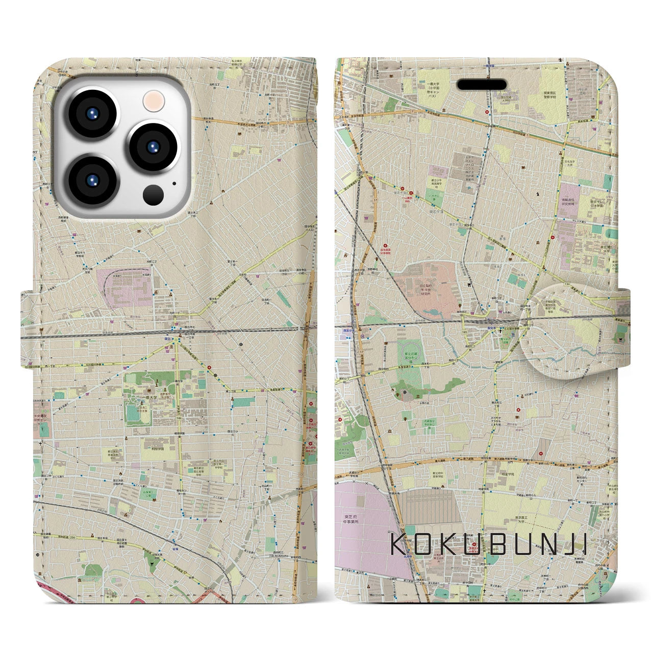 【国分寺(東京都)】地図柄iPhoneケース(手帳タイプ)ナチュラル・iPhone 13 Pro 用