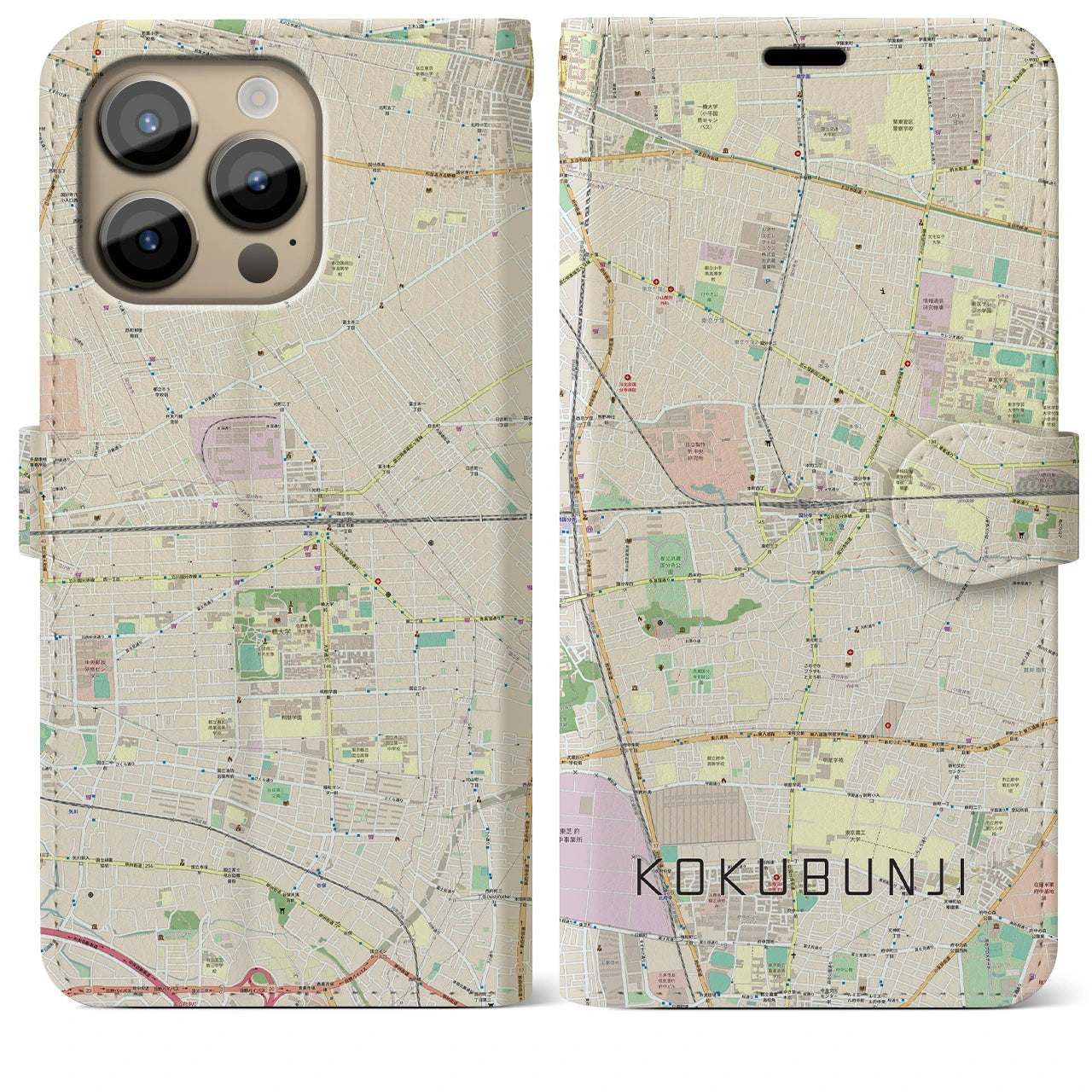 【国分寺(東京都)】地図柄iPhoneケース(手帳タイプ)ナチュラル・iPhone 14 Pro Max 用