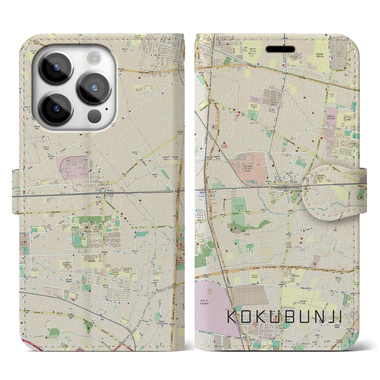 【国分寺(東京都)】地図柄iPhoneケース(手帳タイプ)ナチュラル・iPhone 14 Pro 用