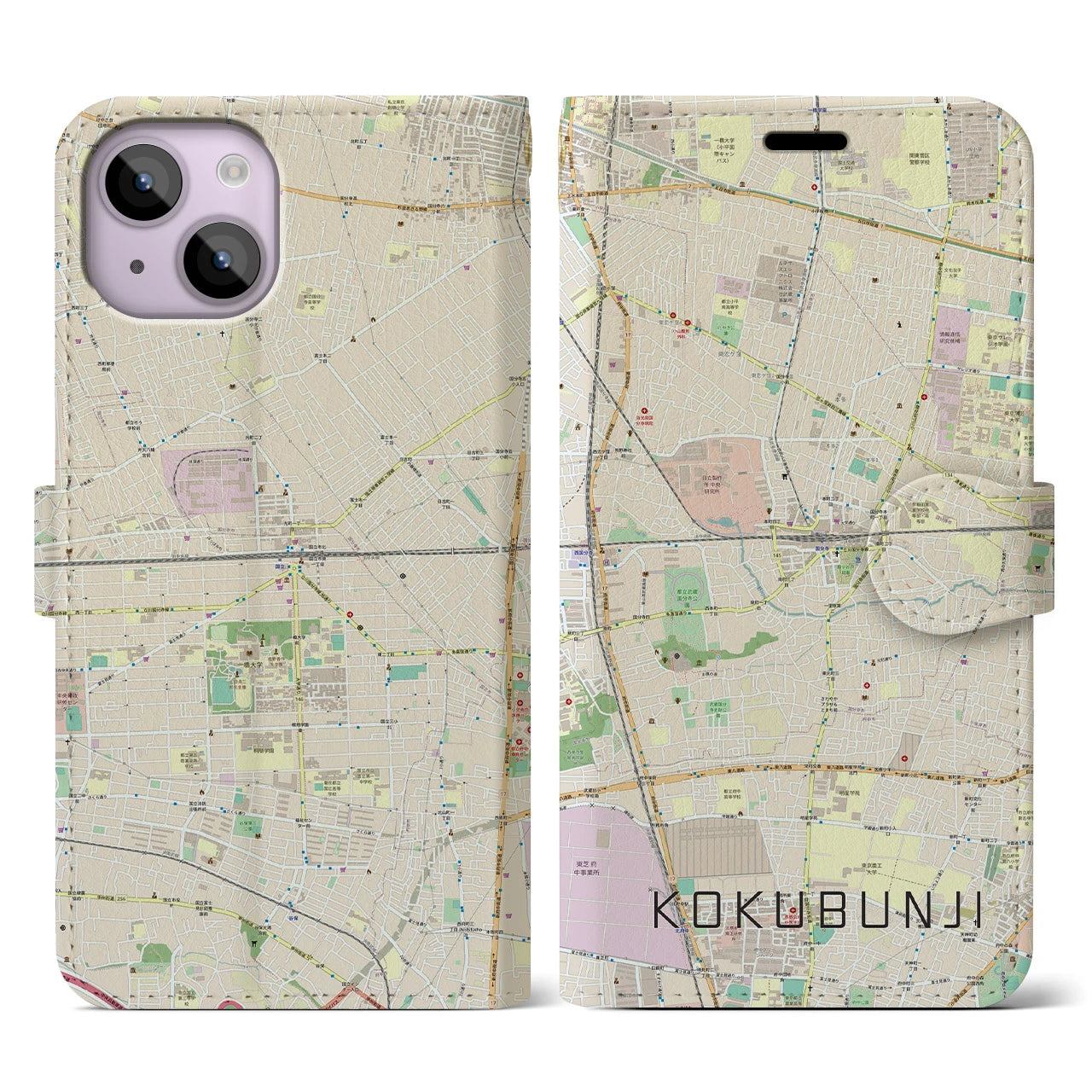【国分寺(東京都)】地図柄iPhoneケース(手帳タイプ)ナチュラル・iPhone 14 用