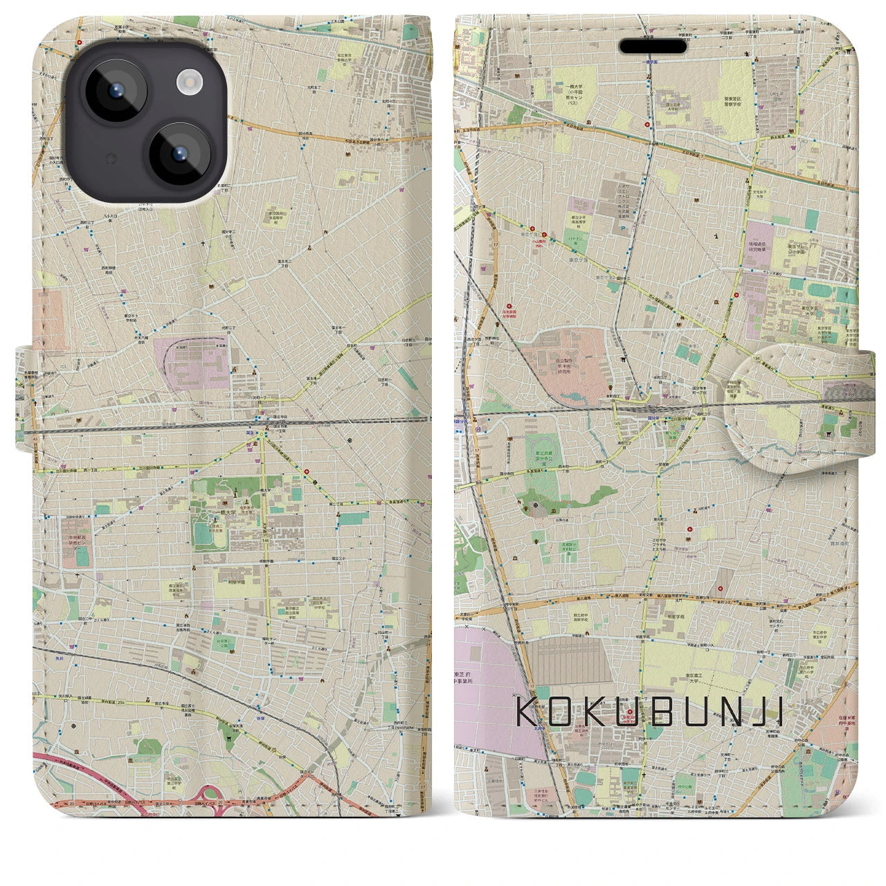 【国分寺(東京都)】地図柄iPhoneケース(手帳タイプ)ナチュラル・iPhone 14 Plus 用