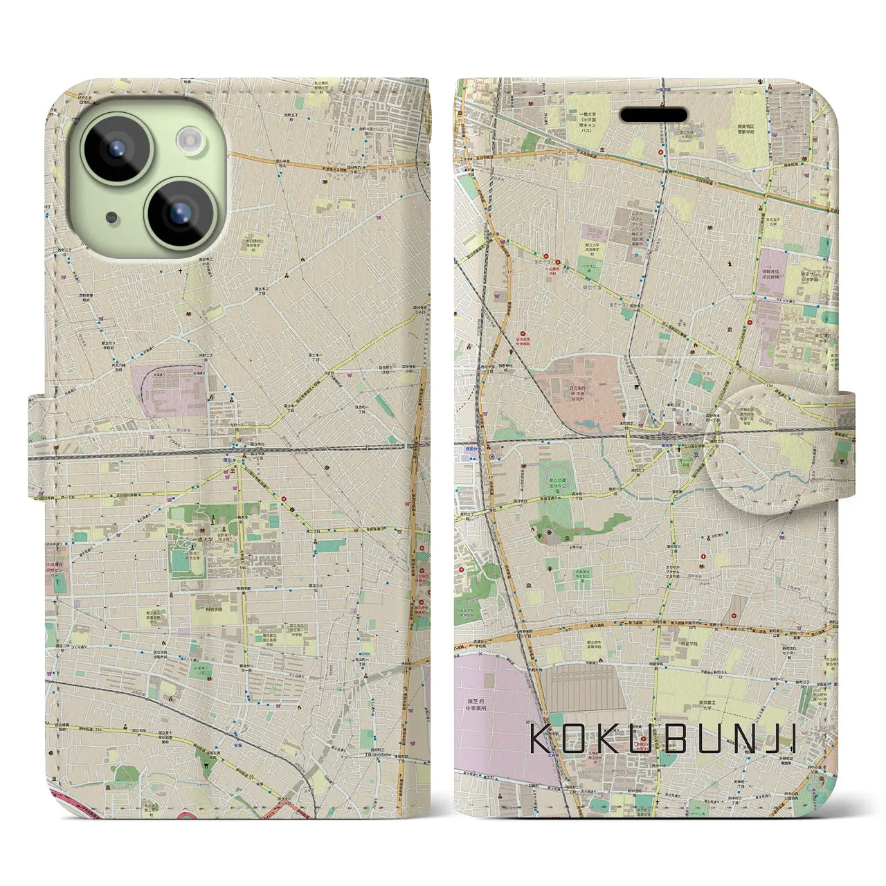 【国分寺(東京都)】地図柄iPhoneケース(手帳タイプ)ナチュラル・iPhone 15 用