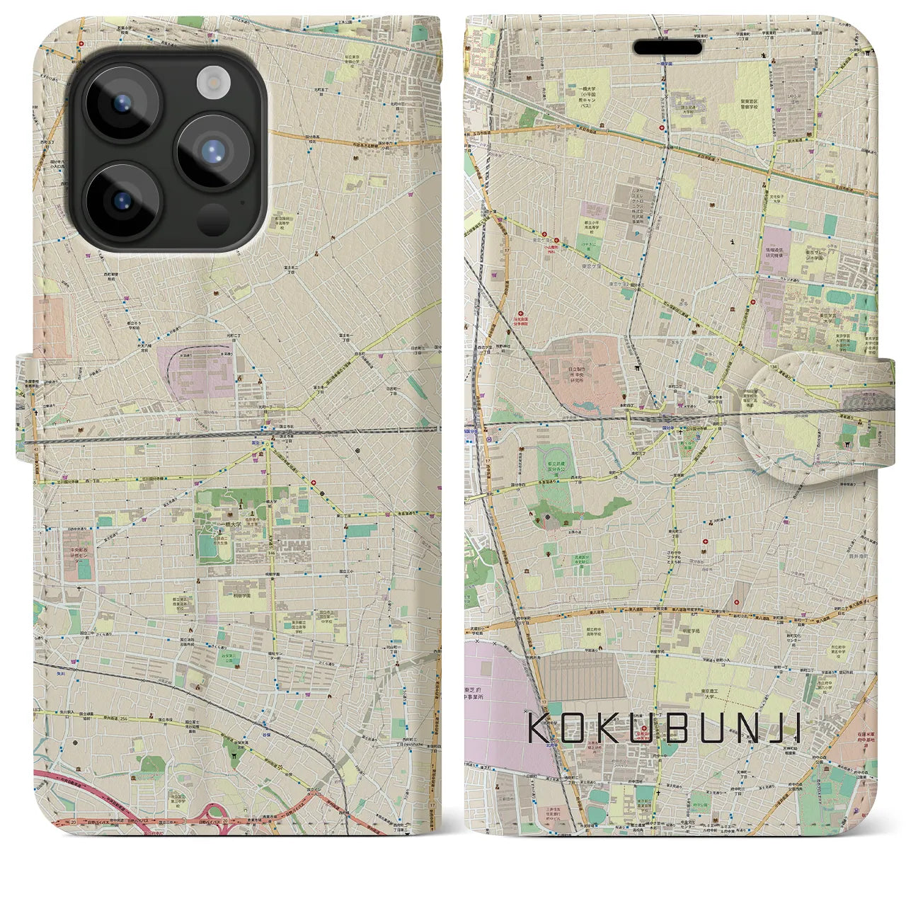 【国分寺(東京都)】地図柄iPhoneケース(手帳タイプ)ナチュラル・iPhone 15 Pro Max 用