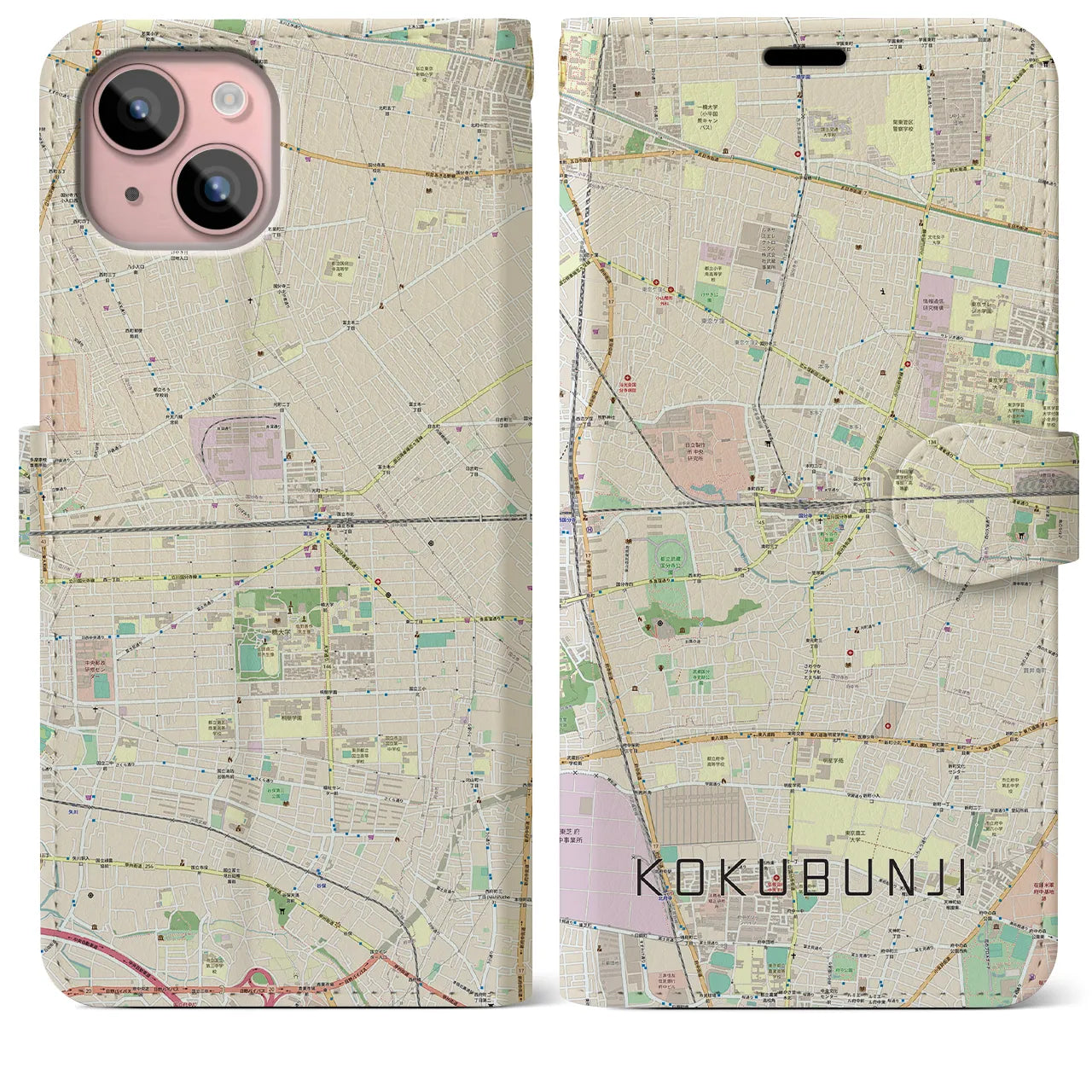 【国分寺(東京都)】地図柄iPhoneケース(手帳タイプ)ナチュラル・iPhone 15 Plus 用