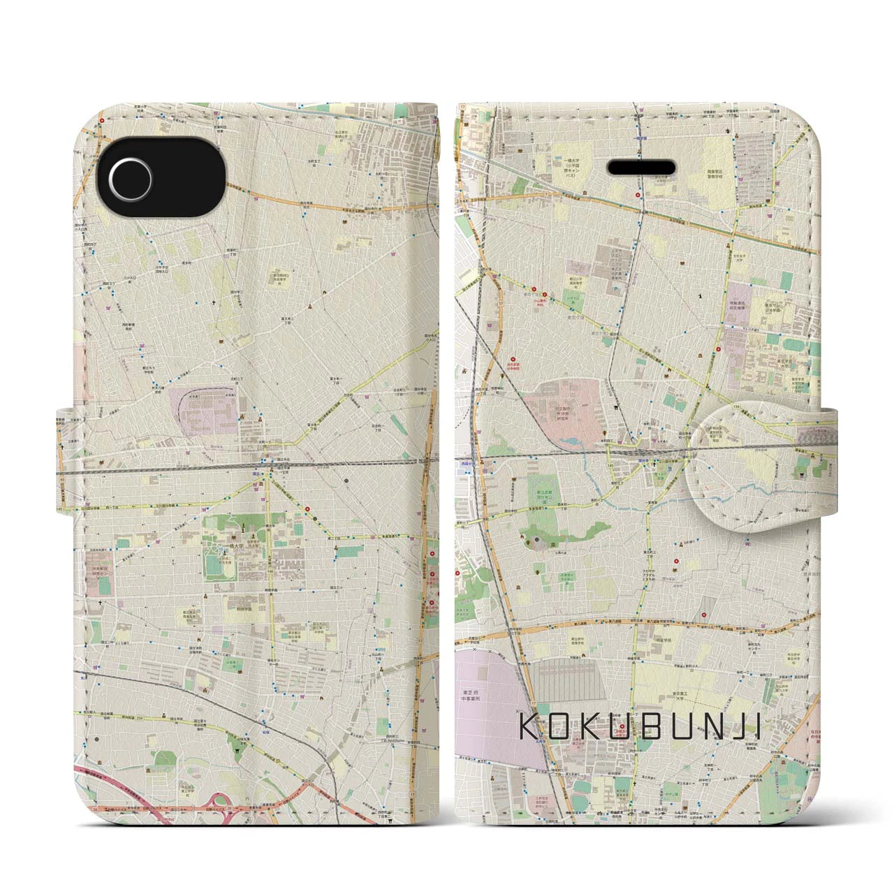 【国分寺(東京都)】地図柄iPhoneケース(手帳タイプ)ナチュラル・iPhone SE(第3 / 第2世代) / 8 / 7 / 6s / 6 用