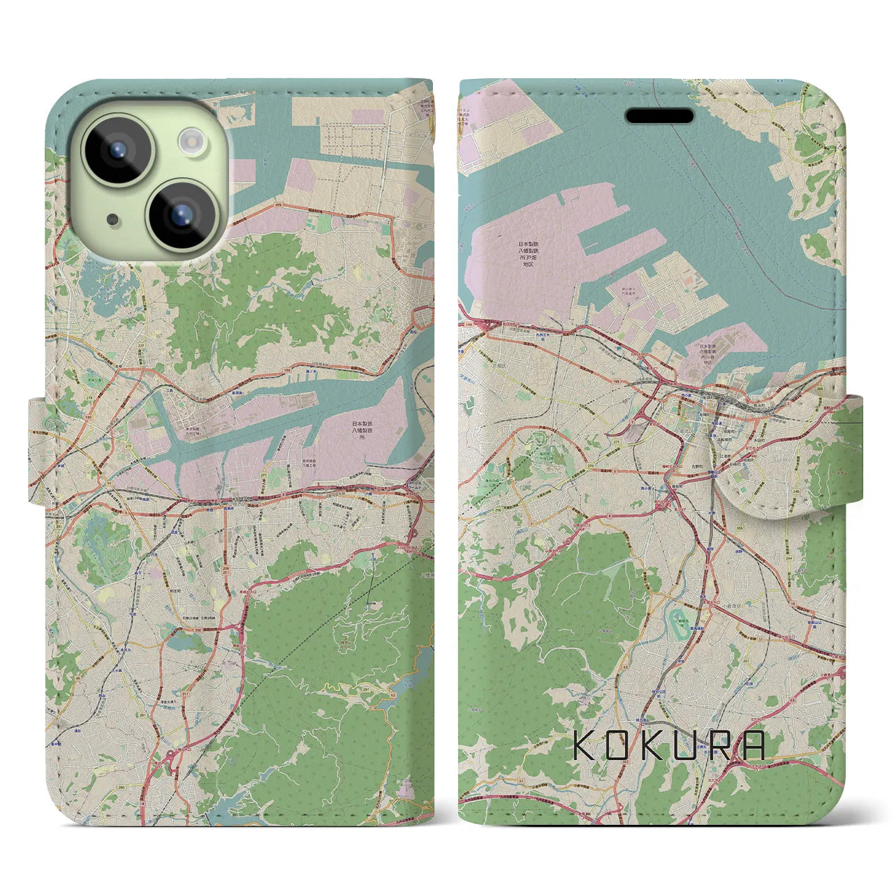【小倉(福岡県)】地図柄iPhoneケース(手帳タイプ)ナチュラル・iPhone 15 用