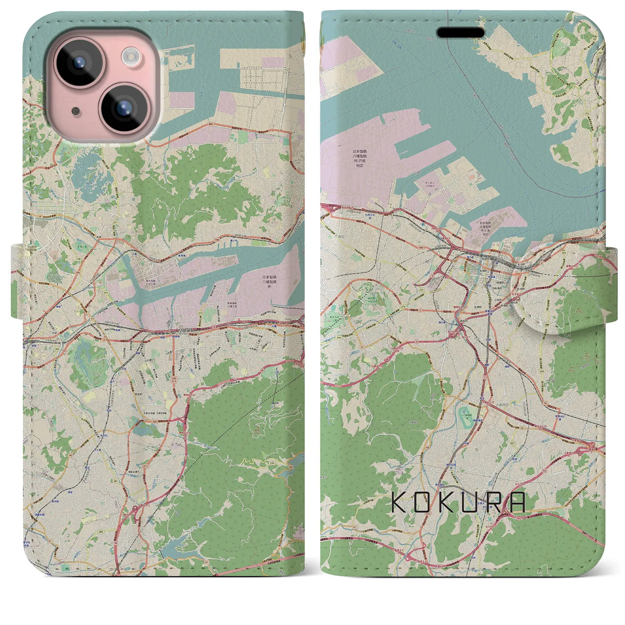 【小倉(福岡県)】地図柄iPhoneケース(手帳タイプ)ナチュラル・iPhone 15 Plus 用