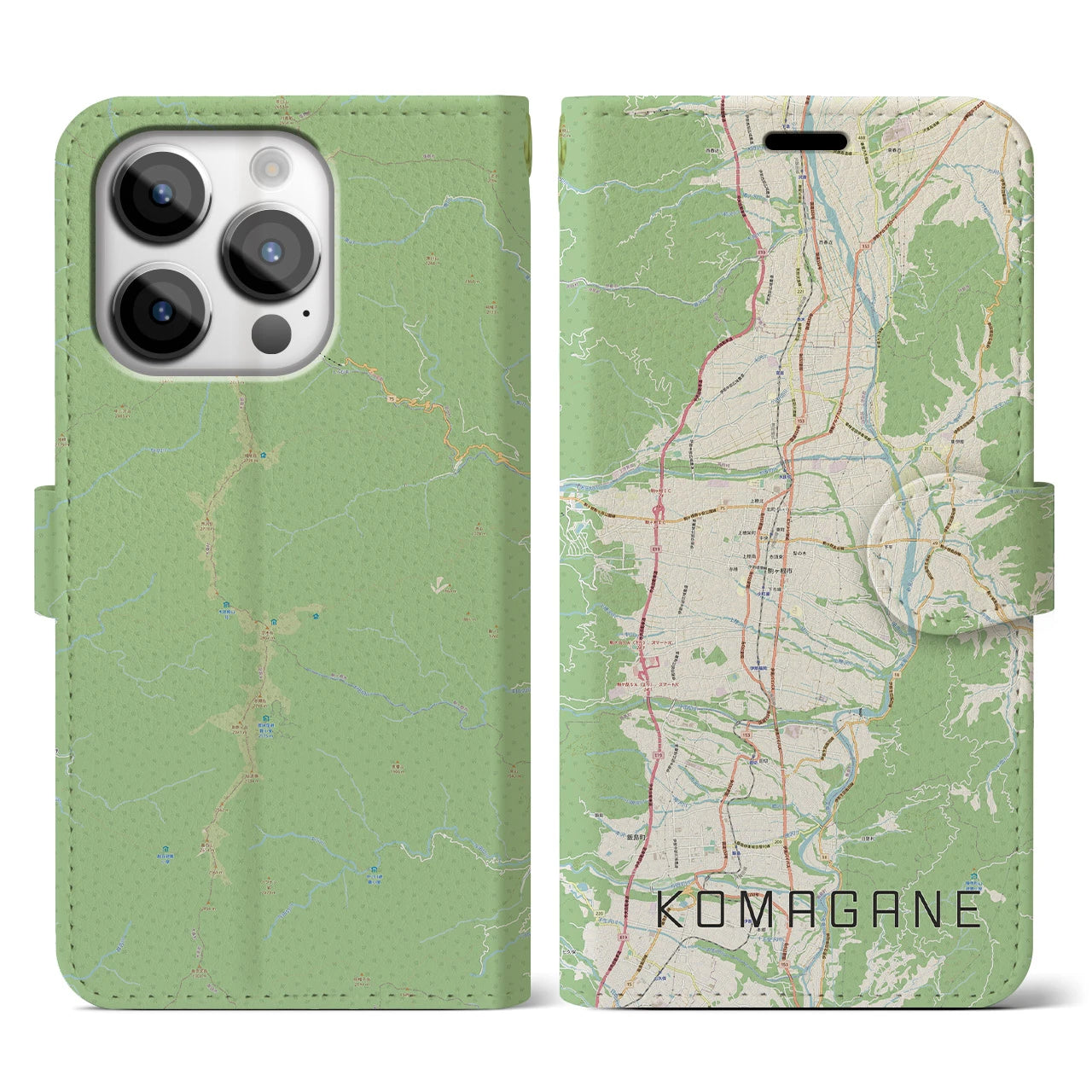 【駒ヶ根(長野県)】地図柄iPhoneケース(手帳タイプ)ナチュラル・iPhone 14 Pro 用