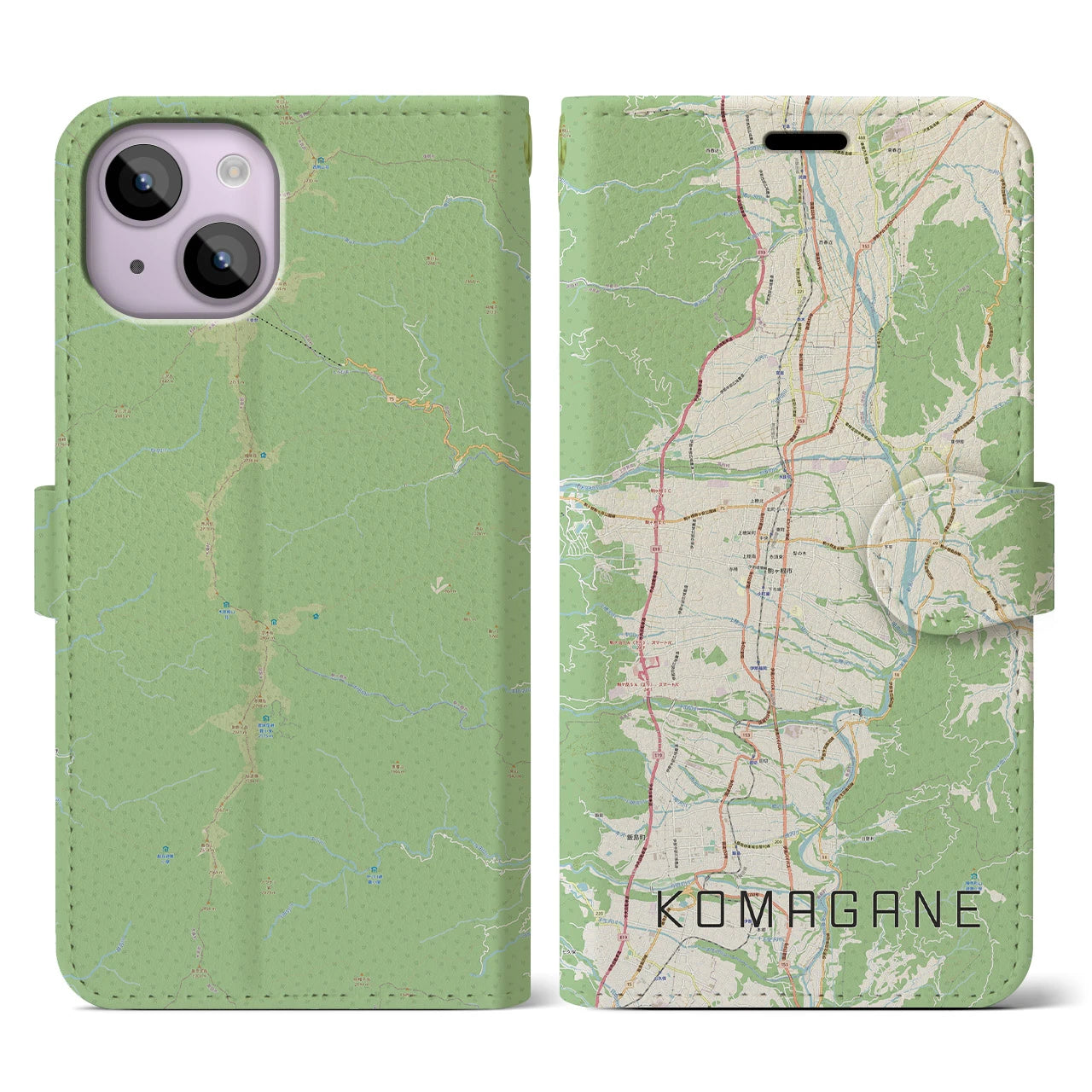 【駒ヶ根(長野県)】地図柄iPhoneケース(手帳タイプ)ナチュラル・iPhone 14 用