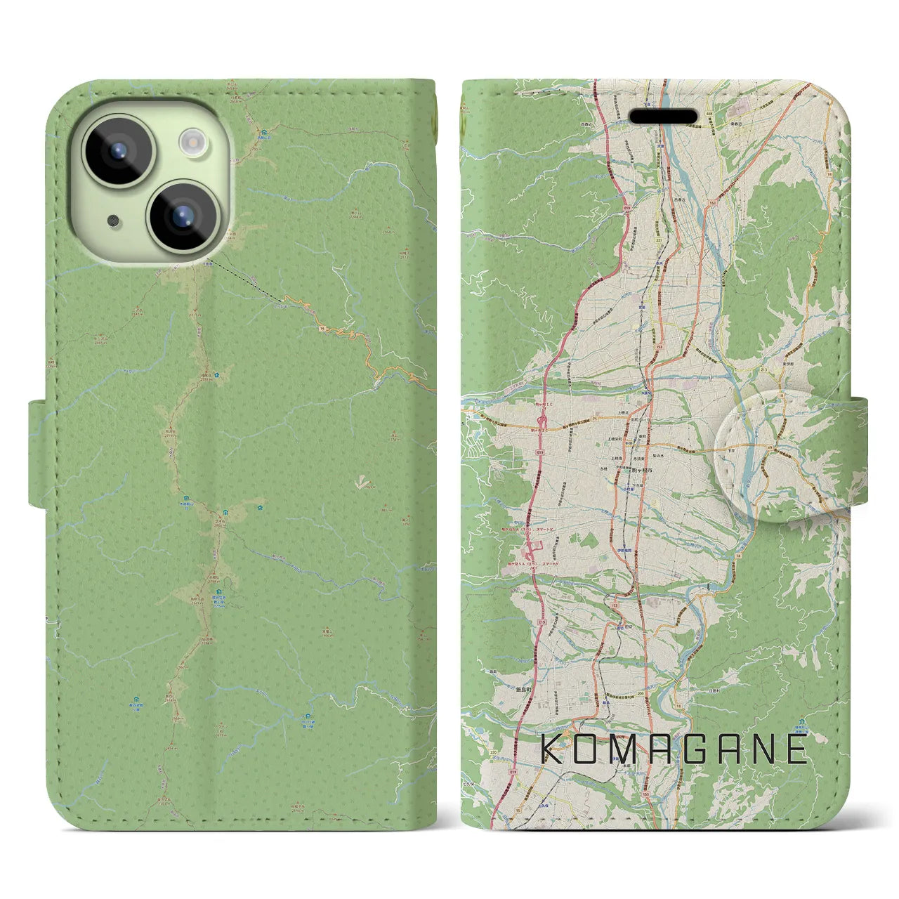 【駒ヶ根(長野県)】地図柄iPhoneケース(手帳タイプ)ナチュラル・iPhone 15 用
