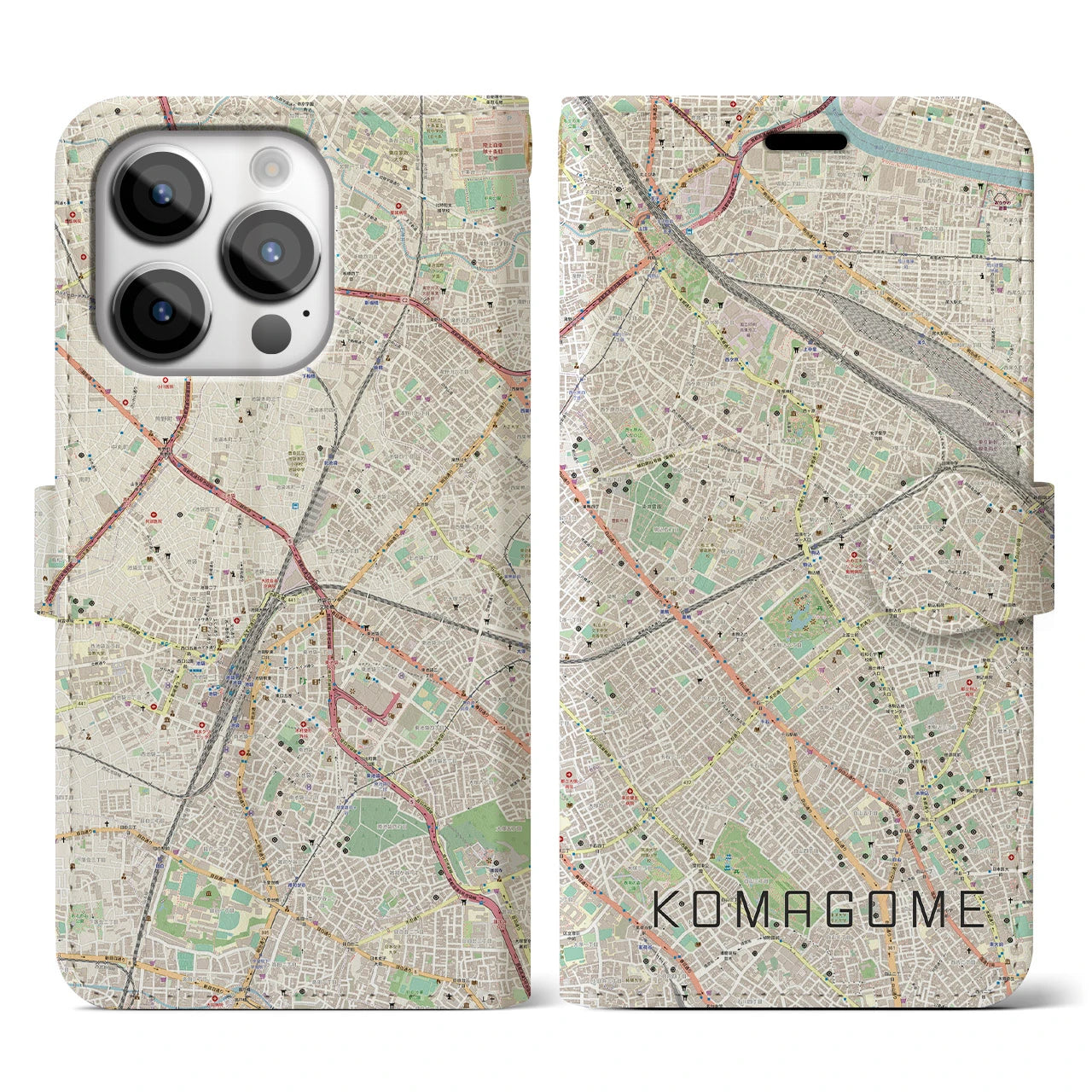 【駒込(東京都)】地図柄iPhoneケース(手帳タイプ)ナチュラル・iPhone 14 Pro 用