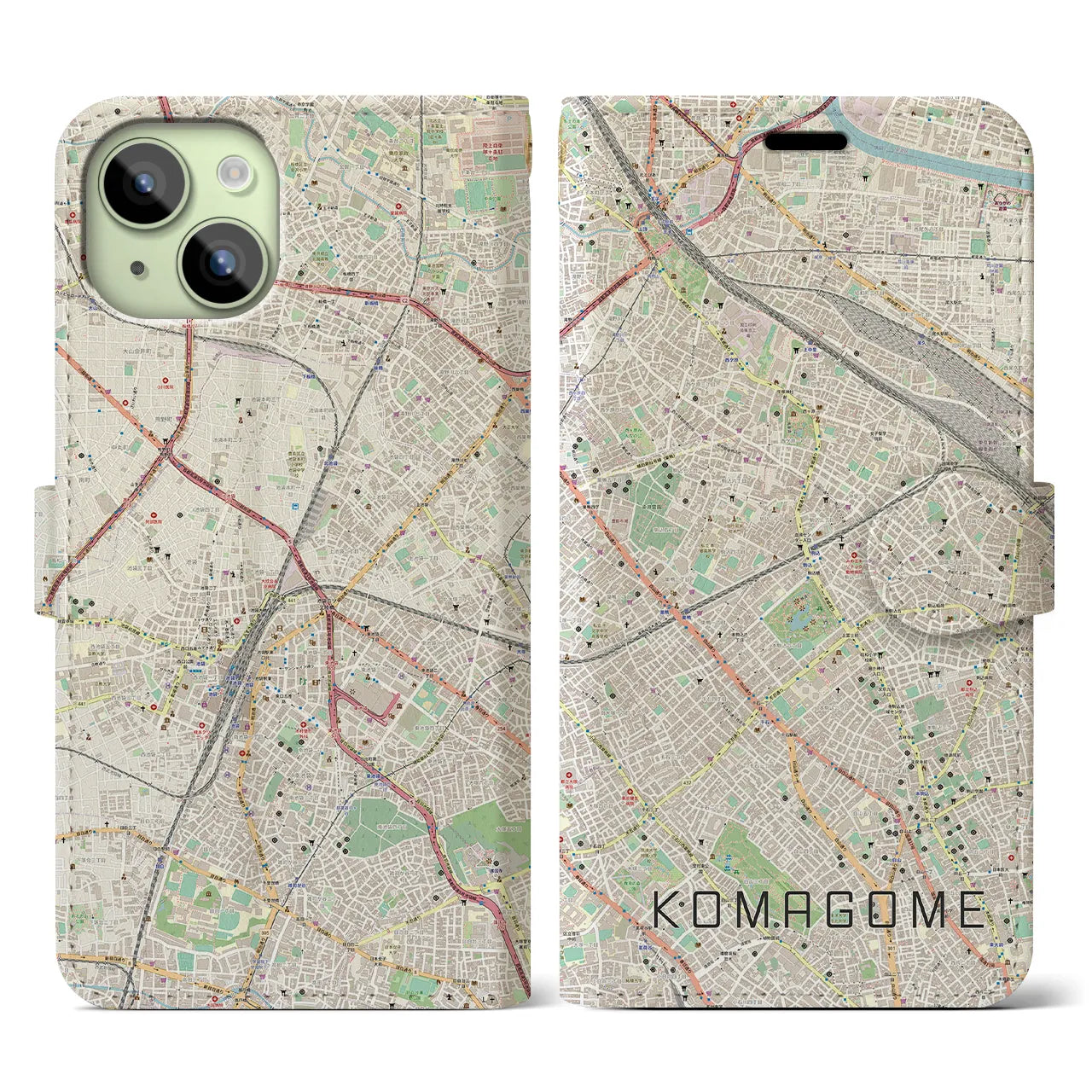【駒込(東京都)】地図柄iPhoneケース(手帳タイプ)ナチュラル・iPhone 15 用