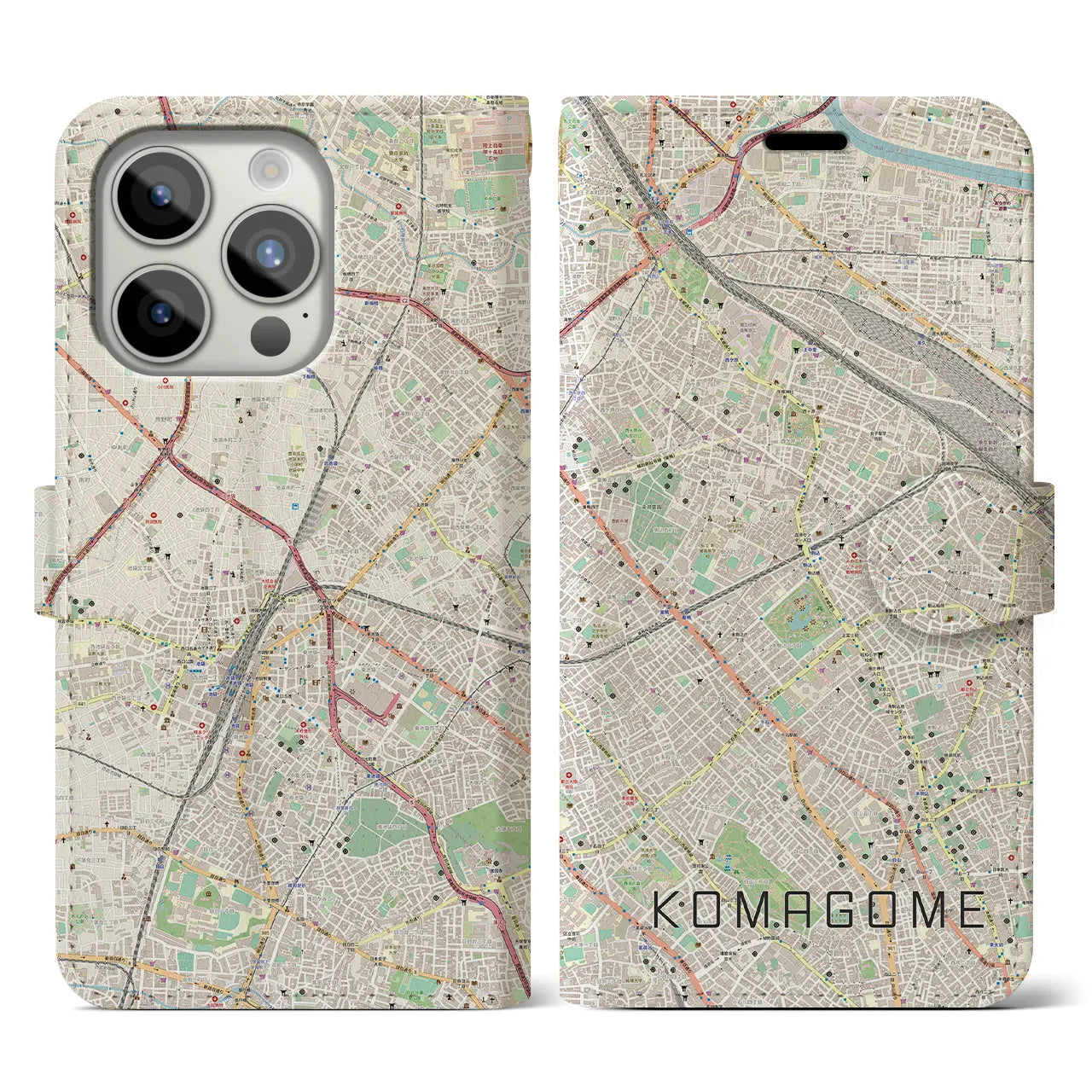 【駒込(東京都)】地図柄iPhoneケース(手帳タイプ)ナチュラル・iPhone 15 Pro 用