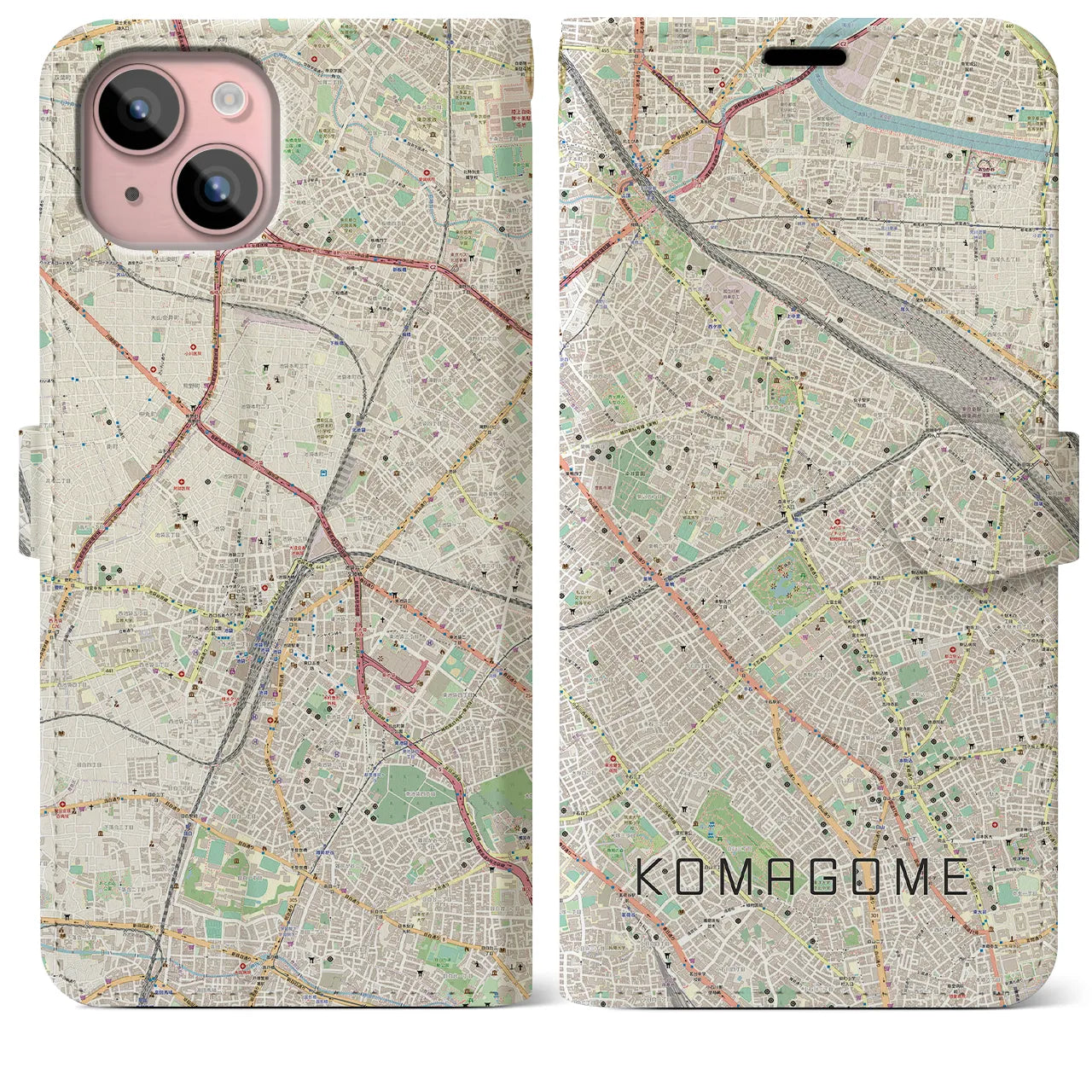 【駒込(東京都)】地図柄iPhoneケース(手帳タイプ)ナチュラル・iPhone 15 Plus 用