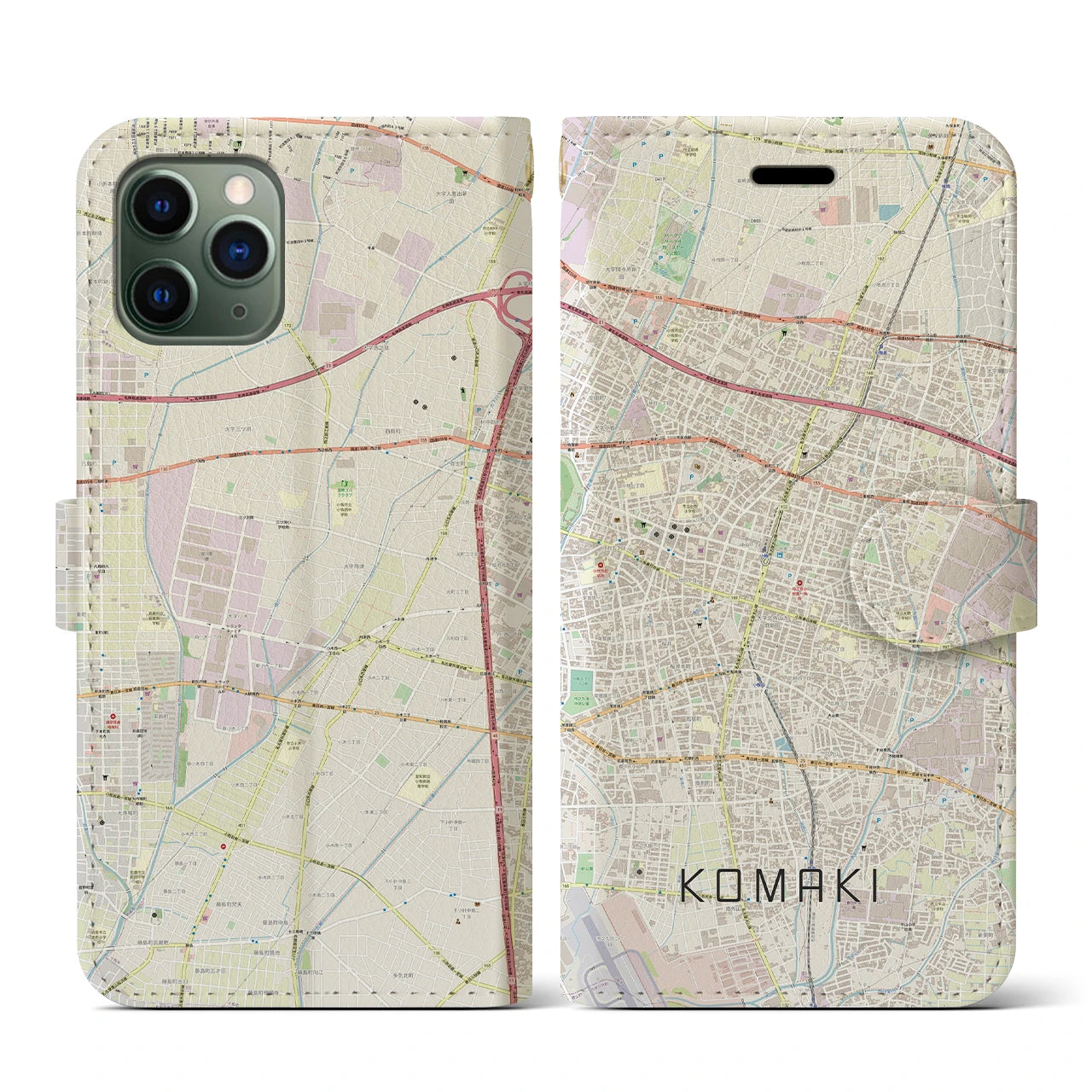 【小牧(愛知県)】地図柄iPhoneケース(手帳タイプ)ナチュラル・iPhone 11 Pro 用