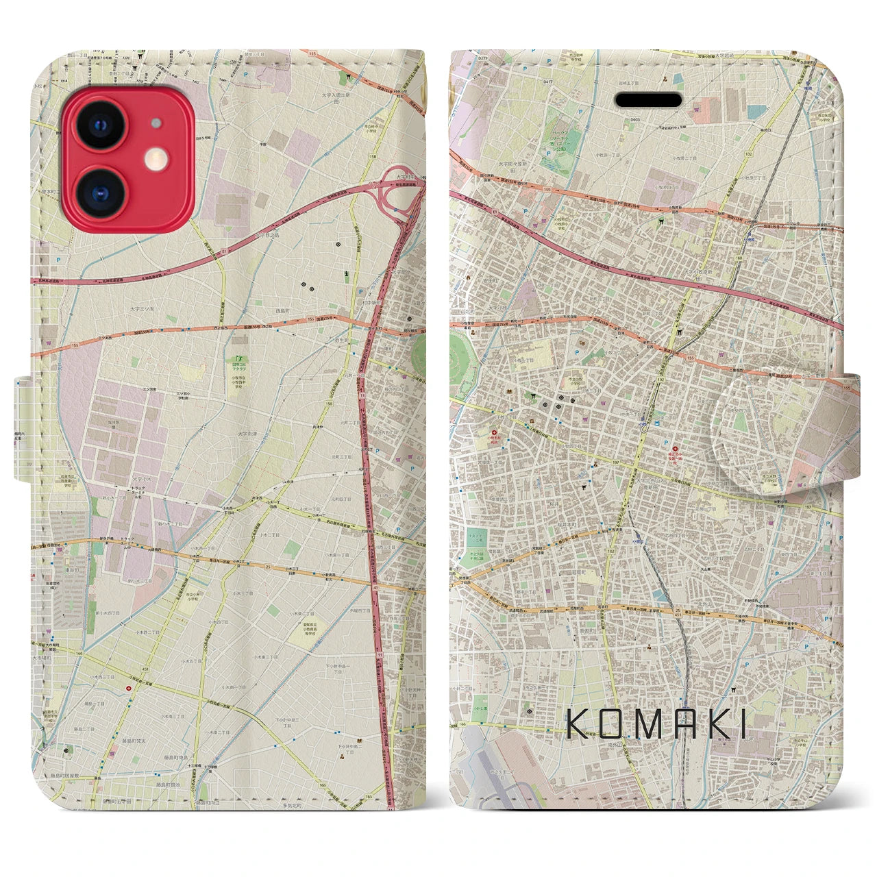 【小牧(愛知県)】地図柄iPhoneケース(手帳タイプ)ナチュラル・iPhone 11 用