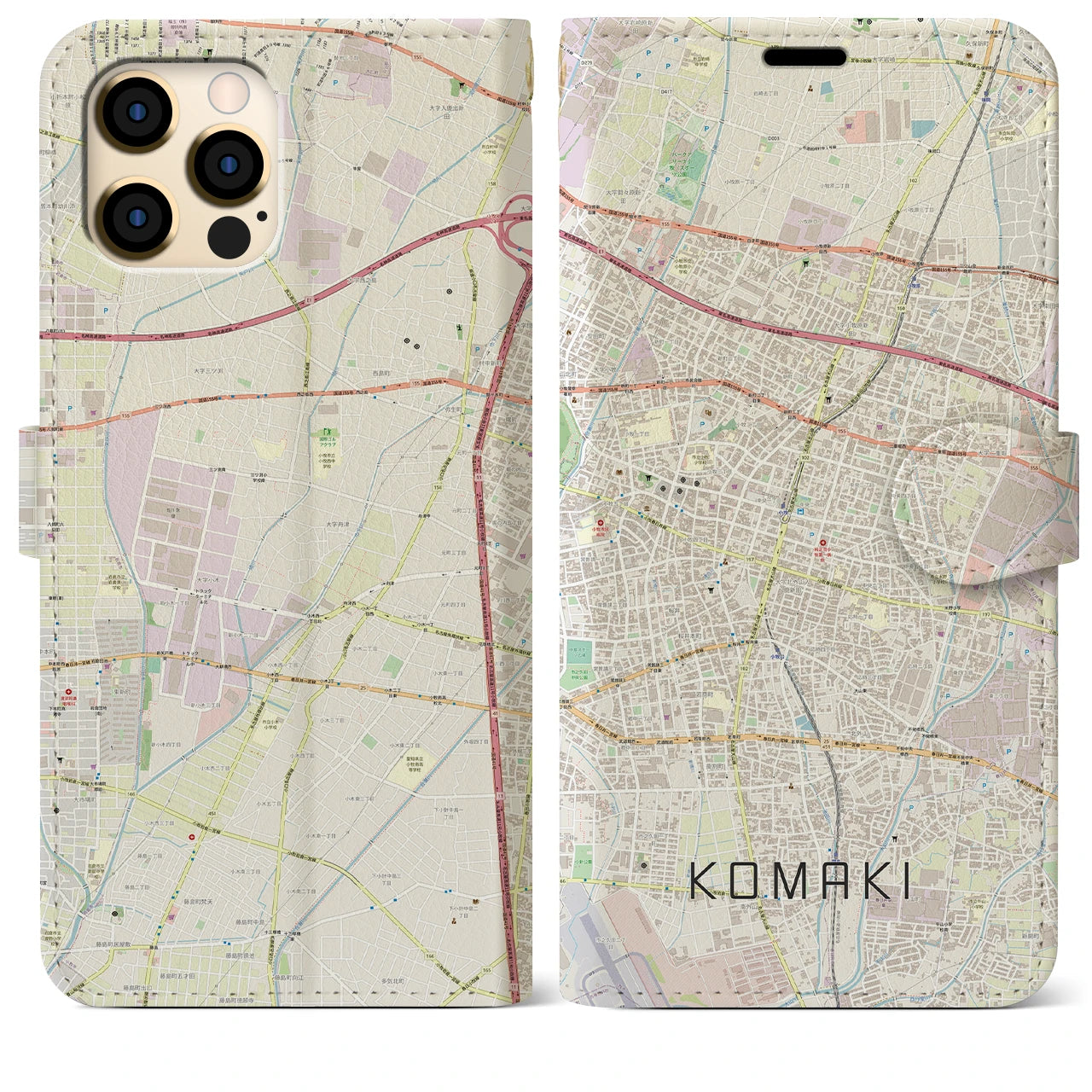 【小牧(愛知県)】地図柄iPhoneケース(手帳タイプ)ナチュラル・iPhone 12 Pro Max 用