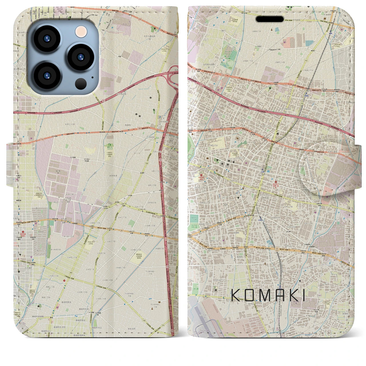 【小牧(愛知県)】地図柄iPhoneケース(手帳タイプ)ナチュラル・iPhone 13 Pro Max 用