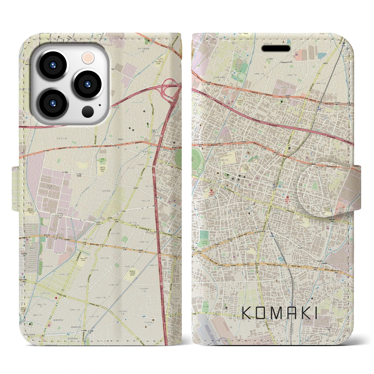 【小牧(愛知県)】地図柄iPhoneケース(手帳タイプ)ナチュラル・iPhone 13 Pro 用