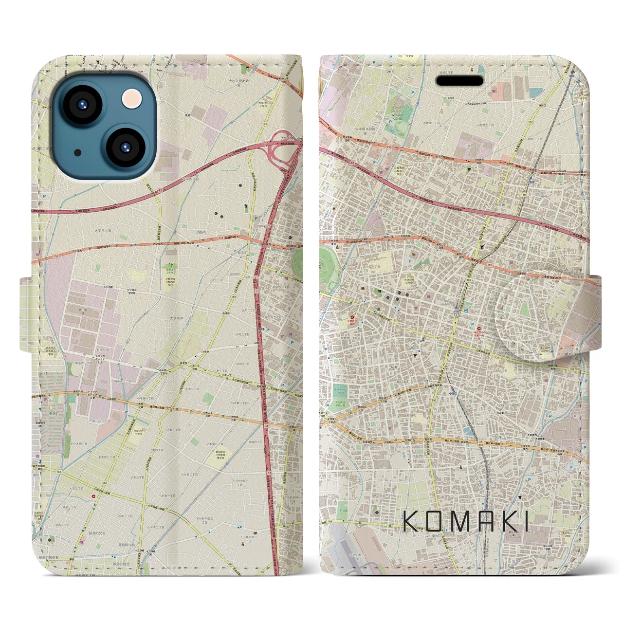 【小牧(愛知県)】地図柄iPhoneケース(手帳タイプ)ナチュラル・iPhone 13 用