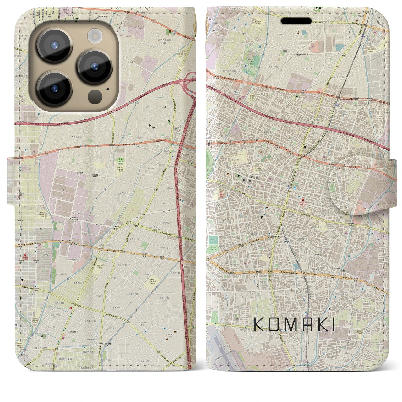 【小牧(愛知県)】地図柄iPhoneケース(手帳タイプ)ナチュラル・iPhone 14 Pro Max 用