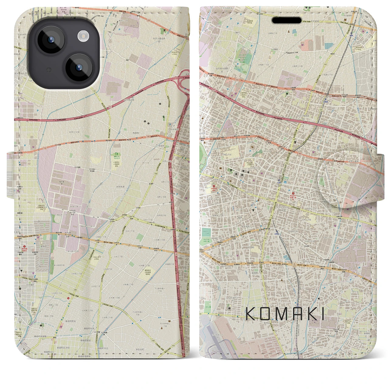 【小牧(愛知県)】地図柄iPhoneケース(手帳タイプ)ナチュラル・iPhone 14 Plus 用
