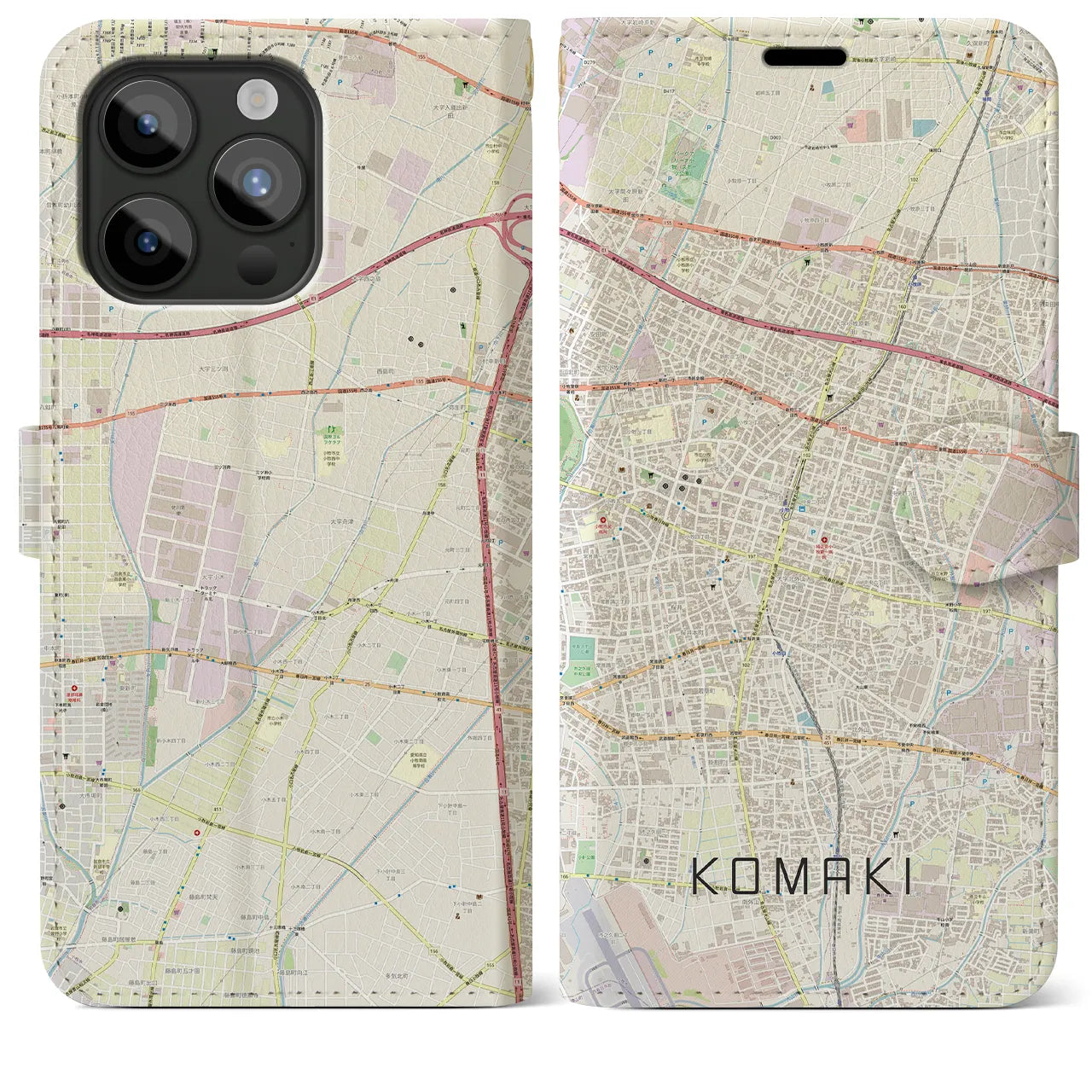 【小牧(愛知県)】地図柄iPhoneケース(手帳タイプ)ナチュラル・iPhone 15 Pro Max 用