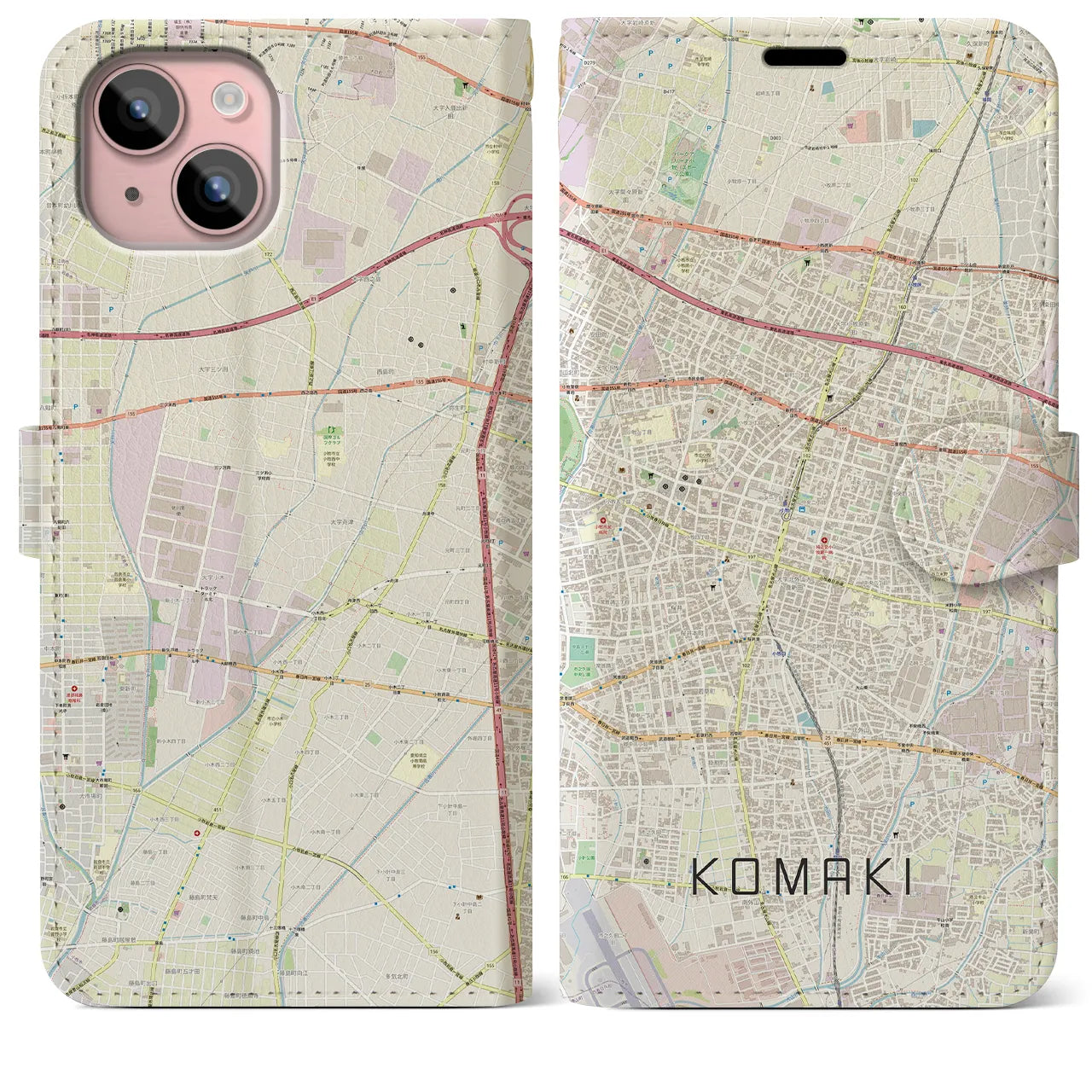 【小牧(愛知県)】地図柄iPhoneケース(手帳タイプ)ナチュラル・iPhone 15 Plus 用