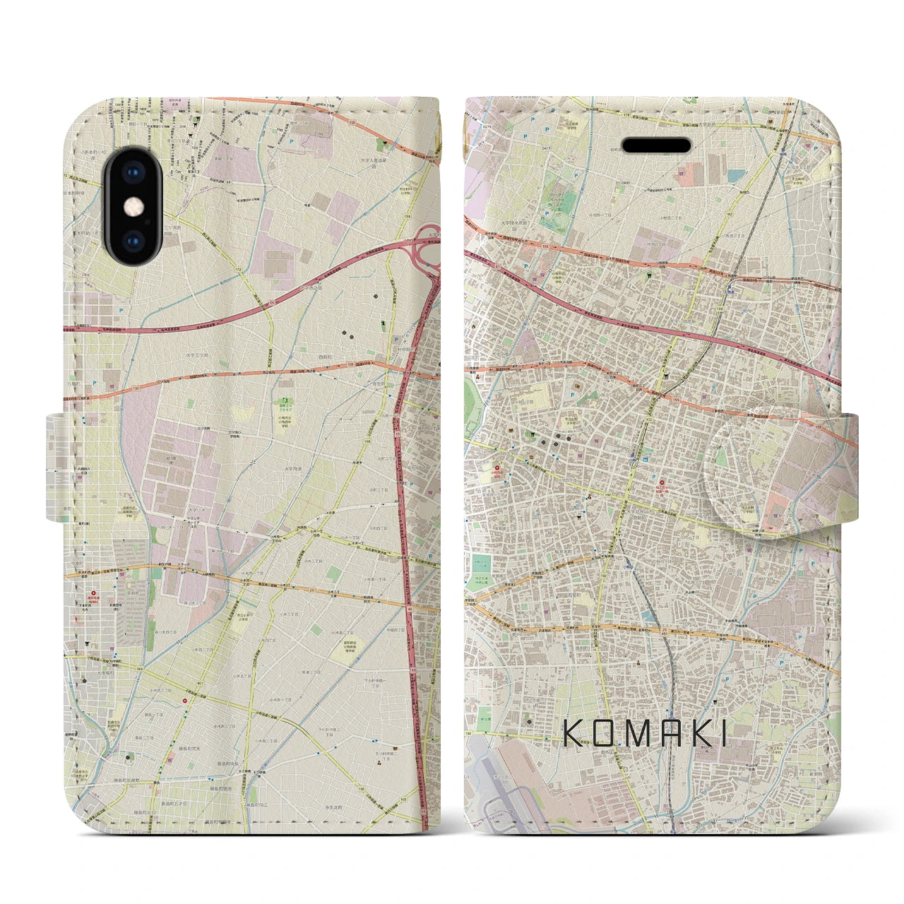 【小牧(愛知県)】地図柄iPhoneケース(手帳タイプ)ナチュラル・iPhone XS / X 用